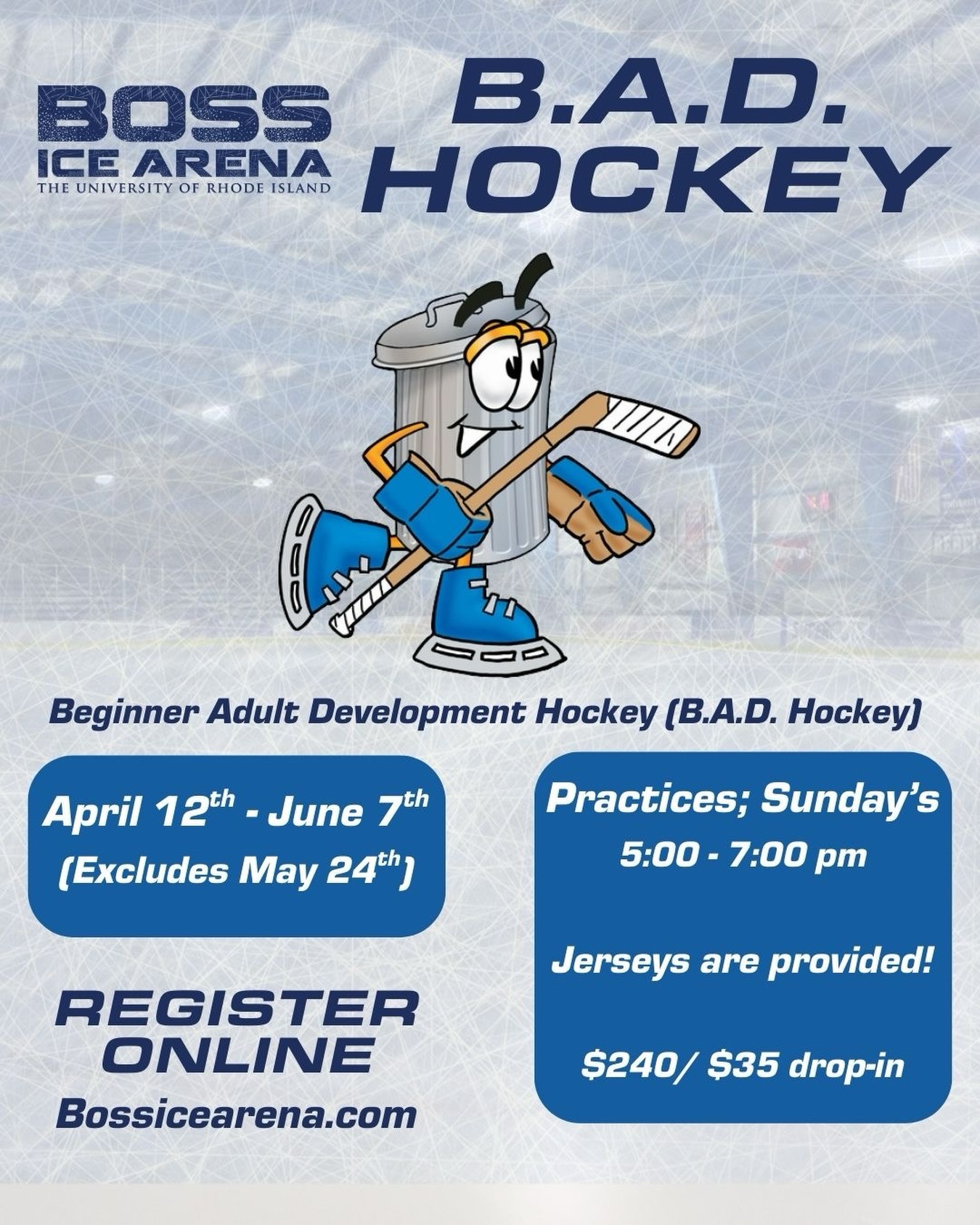 B.A.D. Hockey is back this spring!! Registration is live now on Bossicearena.com! 🏒