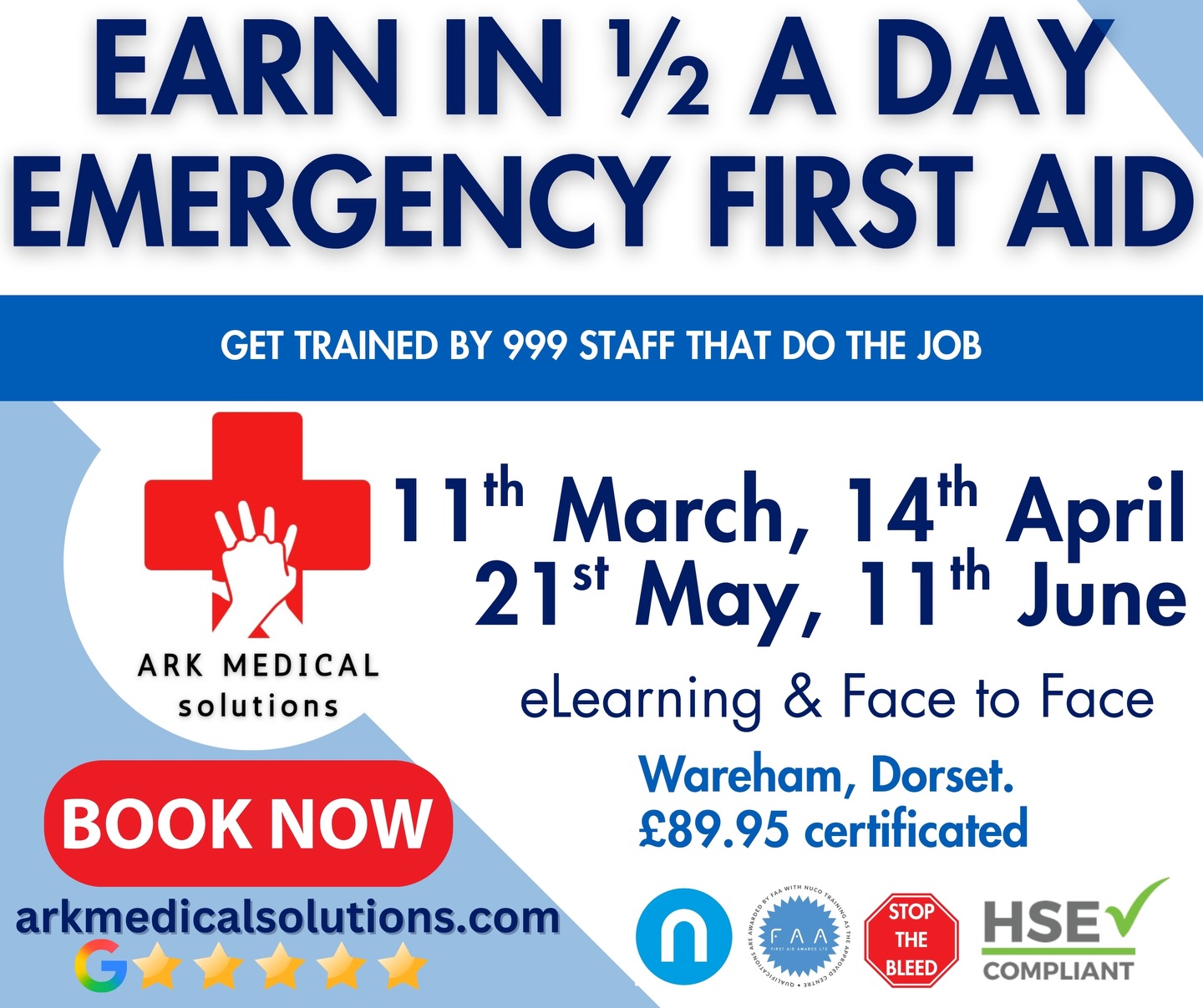 Does your team have the skills and confidence to act in an emergency? Is their training current or need refreshing? Do you want to get a full qualification with only half a day in the classroom?
First Aid isn’t just about getting a certificate — it’s about knowing what to do when every second counts and being taught by those who do the job.
Join Purbeck’s local first aid training provider, Ark Medical Solutions, for a hands-on Emergency First Aid at Work course delivered by frontline emergency service professionals. This means you’ll learn practical, real-world skills from people who deal with emergencies every day — not just theory from a textbook.
Multiple dates available:
📅 11th March. 14th April. 21st May. 11th June.
🕘 08:30 - 12:30
📍 Ark Medical Solutions, 12 Westminster Road, Wareham, BH20 4SN
💷 £89.95 (including certification)
Perfect for workplaces, small businesses, community groups, and anyone who wants to be prepared and learn more. Group discounts available and full day course without eLearning on group request.
📞 07831901009
📧admin@arkmedicalsolutions.com
🖥️ https://www.arkmedicalsolutions.com/book-online