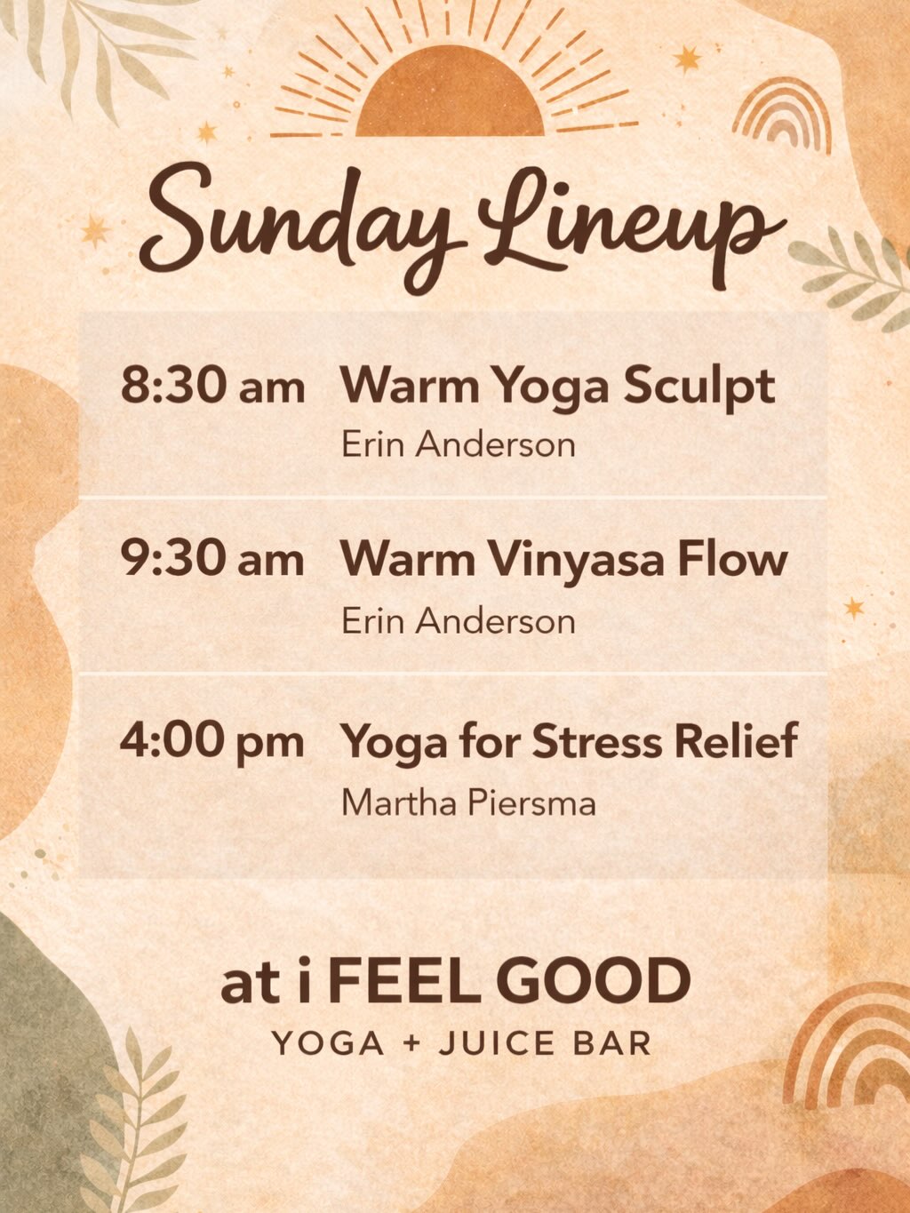 Sunday at i Feel Good ✨
Join us for feel good flows in the morning and a grounding wind down to close your weekend.
We’re excited to welcome Erin Anderson as she subs our Sunday morning classes. Erin joins us from Hot House & Sacred Ally in Missoula and brings the perfect blend of strength and flow.
Then at 4:00p, Martha leads her once a month Yoga for Stress Relief — a deeply nourishing class designed to reset your nervous system and help you head into the week feeling calm and centered.
Sign up at ifeelgoodmt.com or arrive a little early and we’ll get you set up.
See you on the mat!