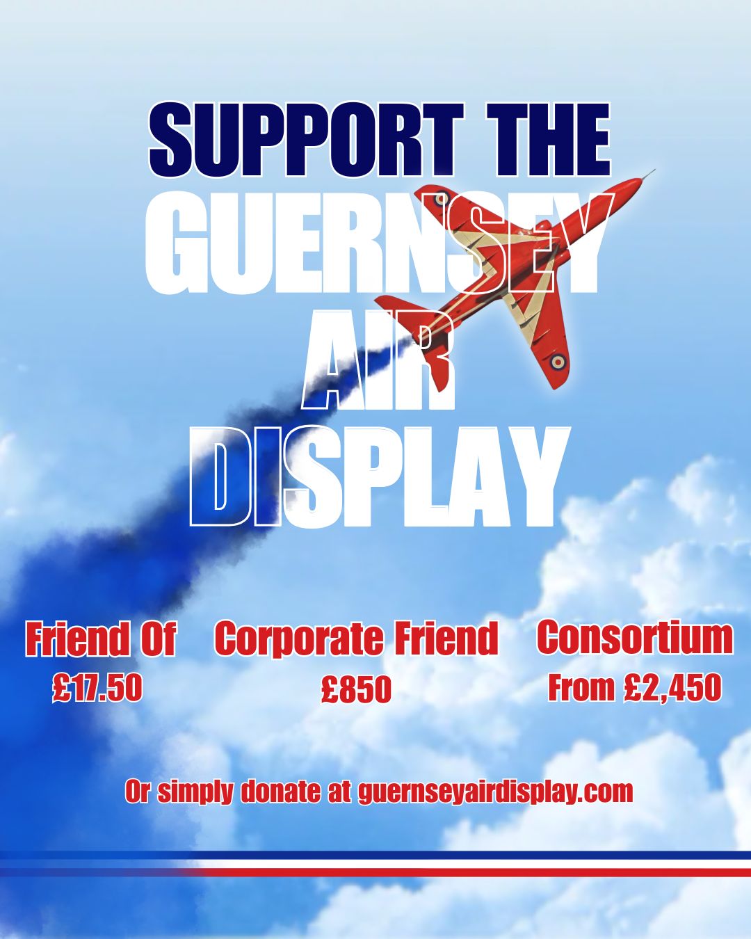 If we want the air display to continue, we need support at every level.
We know that not everyone can give the same amount – and that’s exactly why there are different ways to get involved!
🇬🇬 You can become a Friend of the Air Display for just £17.50.
🇬🇬 For businesses, a Corporate Friend packages are £850
🇬🇬 There’s also the option to join a Consortium, with packages starting from £2,450
And if none of those tiers feel quite right, you can simply donate whatever you’re able to via the website. Every pound genuinely makes a difference.
However you choose to support, you’re helping ensure that when we look up next year, there’s still something spectacular to see.
#Guernsey #AirDisplay
