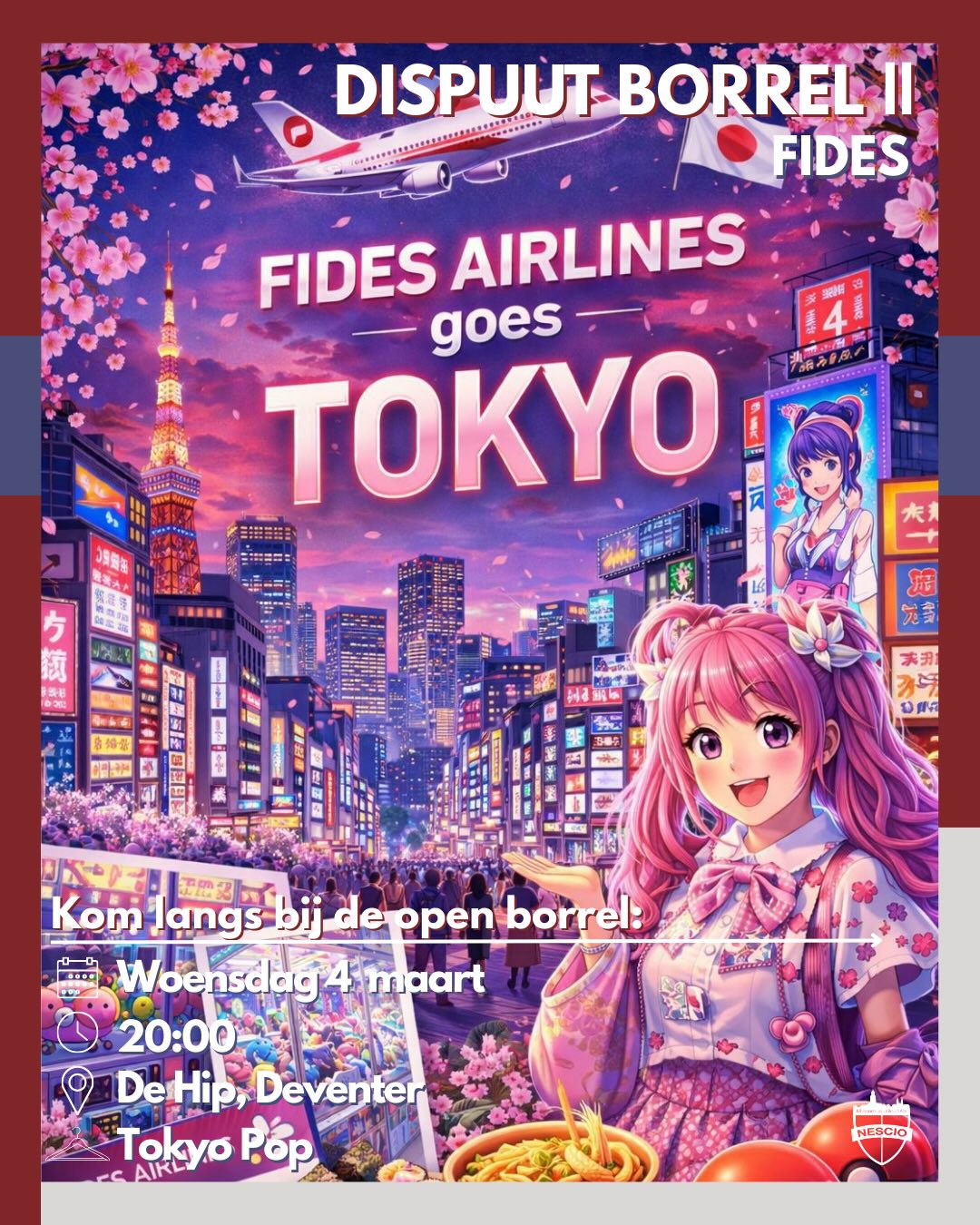 🇯🇵 Open Dispuutsborrel Fides! 🇯🇵
Heb je altijd al een kijkje willen nemen in het studentenleven van Deventer? Dit is je kans!
Ons dispuut Fides organiseert een super leuk thema feest. Dit keer vliegen we rechtstreeks naar JAPAN! 🇯🇵
Ben je klaar voor een avond met karaoke 🎤, gaming classics 🕹️ en sakura die De Hip roze kleurt? 🌸 Deze avond is alles wat je van Japan verwacht had!
🎌 Bestemming: Tokio, Japan
📍 Waar: De Hip
📅 Wanneer: woensdag 4 maart
🕥 Hoelaat: vanaf 20:00
🎀 Dresscode: Tokyo pop
@vrouwendispuutfides