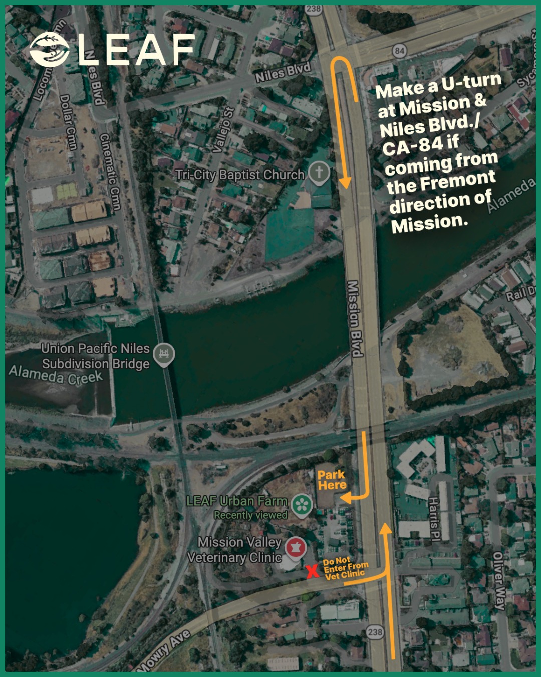 NEW ENTRANCE TO THE LEAF URBAN FARM:
Access to the LEAF Urban Farm and our parking lot has moved from Mowry Avenue to Mission Boulevard. To enter, head to 38339 Mission Blvd, approach from the Niles direction, and turn right into LEAF just before the Bay Auto Exchange used car dealership.
Thank you for understanding 🙏