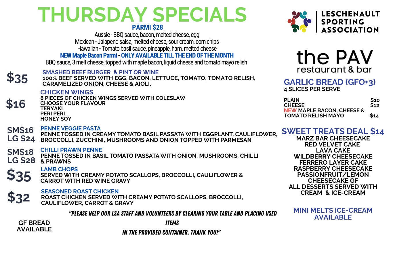 ๐จ Final Week for Our Maple Bacon Parmi! ๐จ
Donโt miss your last chance to try this crowd favourite! ๐ฅ
Finish up training and head down for a cold pint ๐บ and your choice of our loaded Maple Bacon Parmi, a Smashed Beef Burger, or any of our other great specials available on the board.
Weโve got dinner sorted tonight โ๏ธ
See you at The Pav!