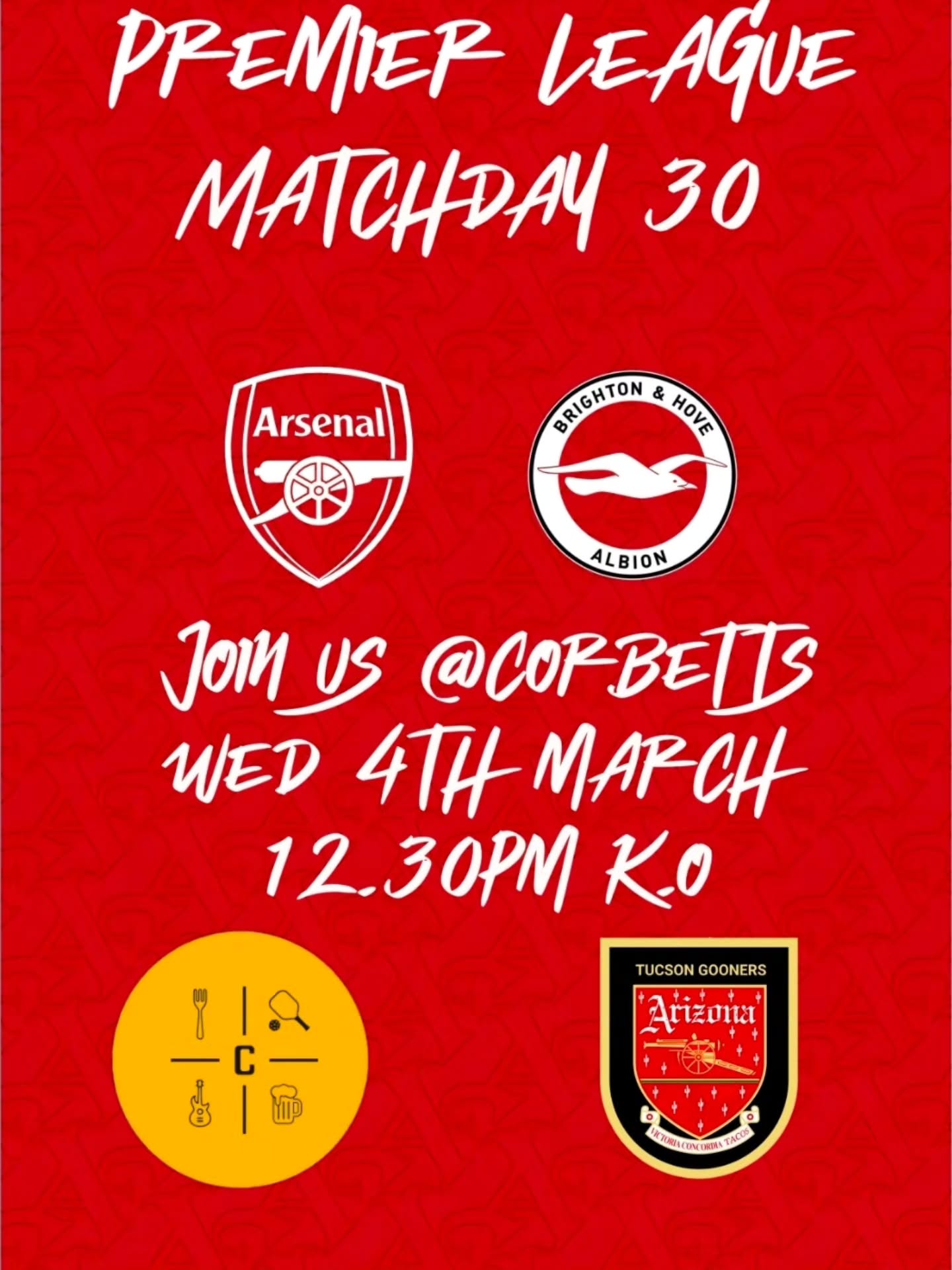 Join us @corbettstucson for matchday 30 in the premier league as we look for 3 more points on the road vs Brighton!
Wed 4th march 12.30pm k.o