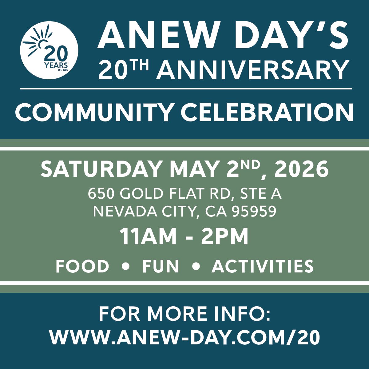 Come out and help us celebrate 20 years of service in Nevada County, we'd love to see you! www.anew-day.com/20
