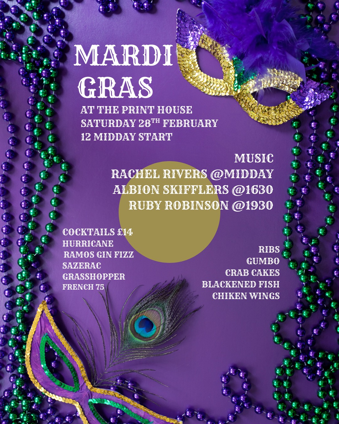 Life's a breeze in the Print House this Saturday - Beads, Booze & Bundles of Fun. Mardi Gras brings out the child in everyone. Midday onwards. #mardigrasfun #albionskifflers#rubyrobinson#rachelrivers#muddystillettos#jazzattheprinthouse #