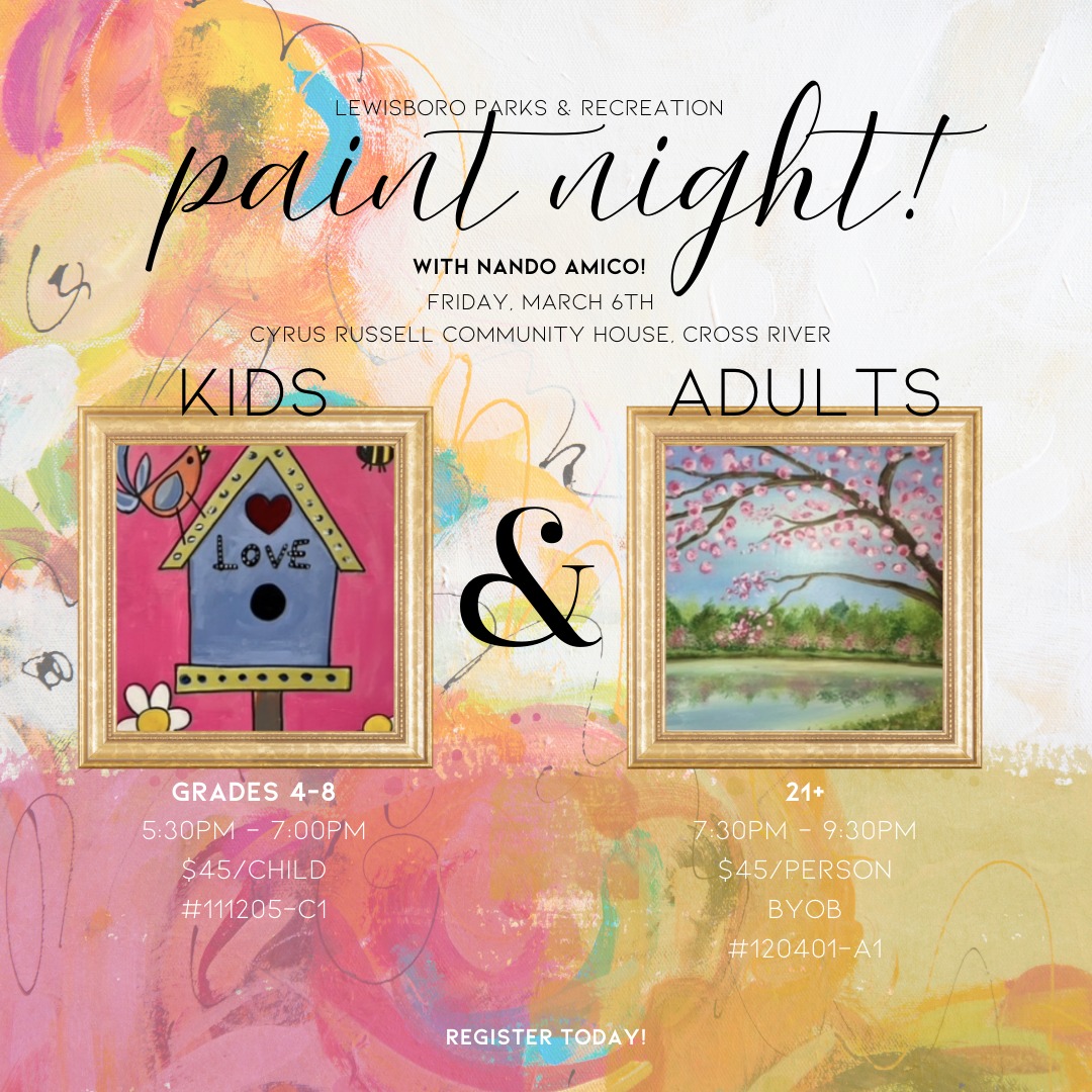 A reminder of our upcoming paint night on Friday, March 6th! We have a session for kids in grades 4-8 and an adult session (21+ & BYOB!). We hope to see you there - Nando Amico is an incredible instructor and it's always a great time!