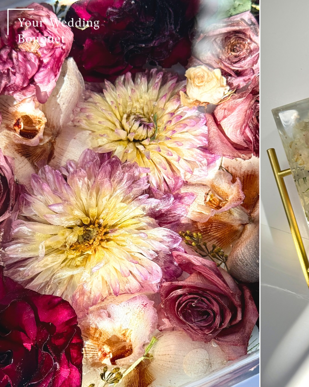 She carried this bouquet down the aisle, and instead of letting it fade after a few days, she chose to preserve it. 🤍
This custom resin tray was created using her real wedding flowers, carefully hand-dried and arranged to maintain their color, texture, and detail.
It’s a functional piece she can use and style in her home, while still holding onto something deeply meaningful from her wedding day. 💌
Your bouquet doesn’t have to be stored away or thrown out. It can become something lasting. ✨