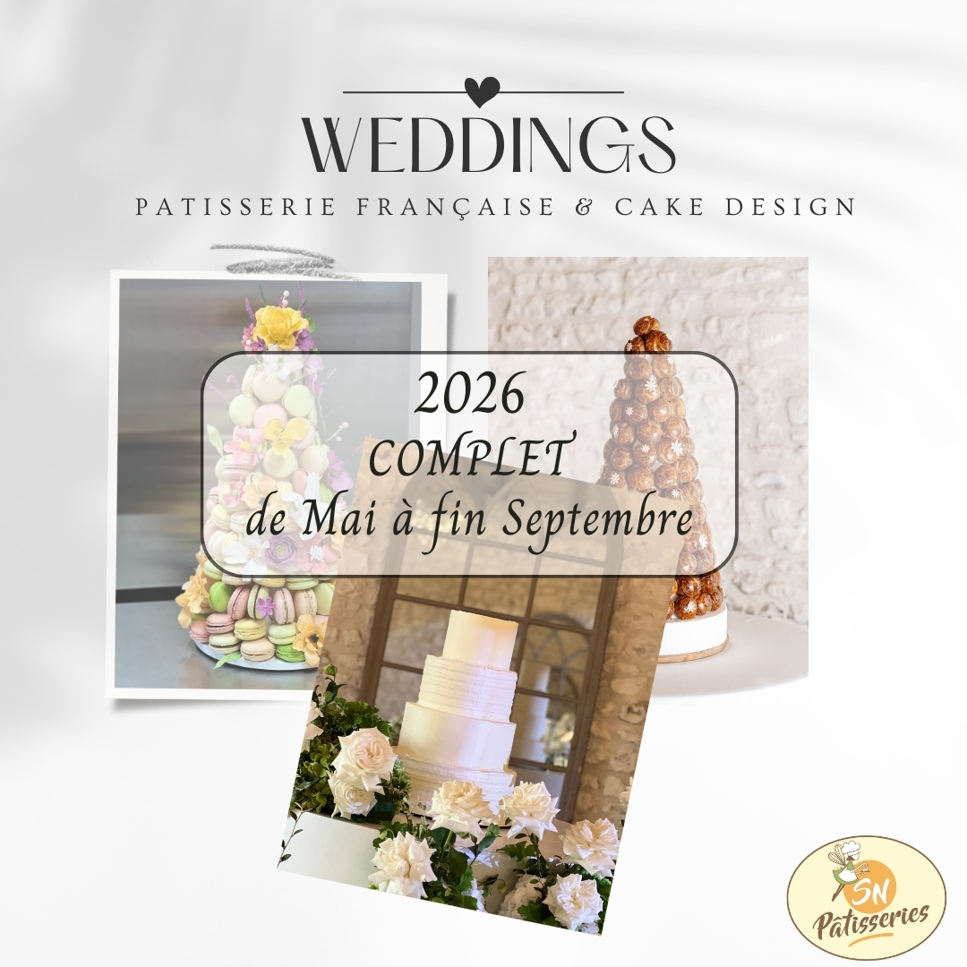 Gâteaux de mariage – agenda limité
Merci pour votre confiance et votre fidélité.
Les mois de mai à septembre sont désormais complets pour les mariages (hors devis en cours).
Je prends avec soin les réservations pour les autres mois ainsi que pour 2027.
Chaque projet est préparé avec attention, douceur et exigence artisanale pour accompagner vos plus beaux moments
-----------
Wedding creations – limited availability
Thank you for your trust and loyalty.
May to September are now fully booked for weddings (except ongoing quotes).
I am carefully taking bookings for the remaining months and for 2027.
Each creation is crafted with attention, softness and artisanal excellence to celebrate your most beautiful moments.
#snpatisseries #weddings #weddingcakes #booking2027weddings #booking2027events