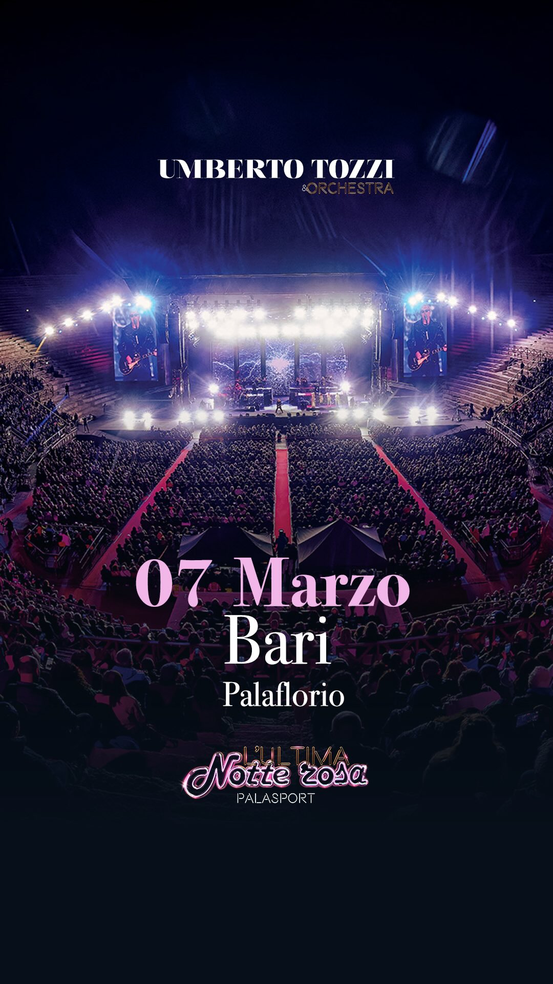 L’ULTIMA NOTTE ROSA – THE FINAL SHOW arriva anche in Puglia!
Pronti per cantare insieme? 🤩
📍7 marzo – BARI – Palaflorio
🎟️ Biglietti disponibili al link in bio e nelle storie
#lultimanotterosa #umbertotozzi @momyrecords @concerto.official @friendsandpartners @birindelliauto @rtl1025