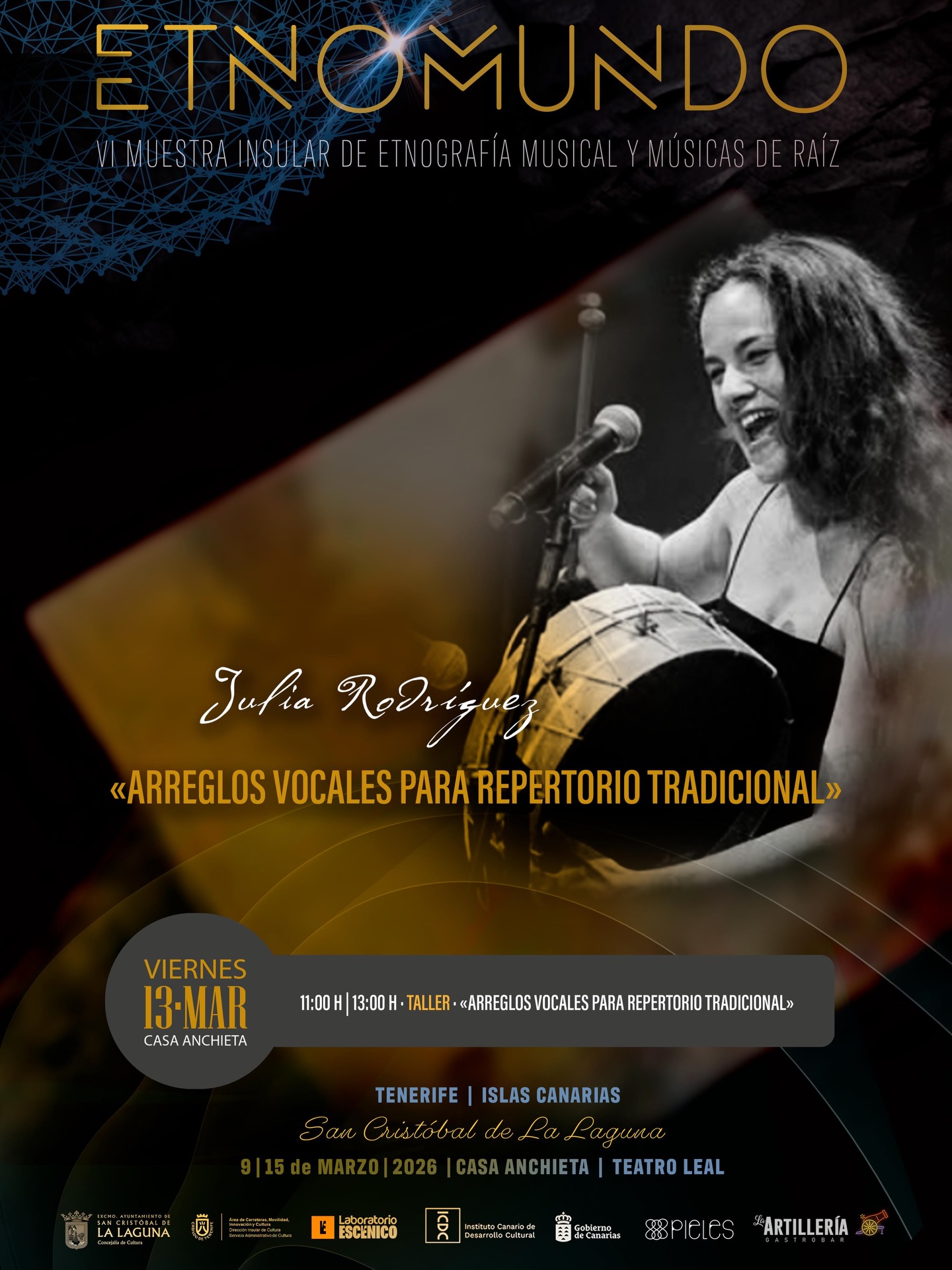 TALLER «ARREGLOS VOCALES PARA REPERTORIO TRADICIONAL» ✨
Bases del arreglo vocal y práctica de canto colectivo a partir de canciones populares ibéricas.
Exploraremos recursos para trabajar la armonización, la distribución de voces y la construcción de arreglos aplicables a repertorio tradicional, potenciando el trabajo grupal y la escucha activa.
👨🏫 Imparte: Julia Rodríguez
📅 Viernes 13 de marzo · 11:00 a 13:00 h
📍 Ubicación: Casa Anchiete, San Cristóbal de La Laguna
🎟 Actividad gratuita
⚠️ Plazas limitadas
📩 Reserva la tuya escribiendo a info@etnomundo.com
¡No te quedes sin la tuya! 😱
Con la colaboración:
@lalagunacultura
@adriandelcastillo
@lalagunaayto
@cabildotenerife
@icdcultural
@gobcanarias
@laboratorio_escenico
@companiapieles
@percusioncanaria
@bagauda
@laartilleriacerveceria
