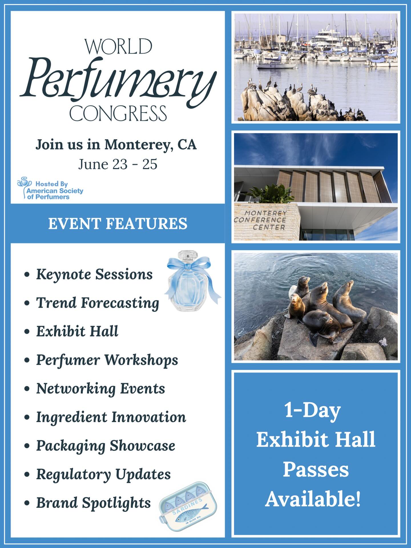 🗓️Mark your calendar!
The World Perfumery Congress is happening
June 23-25 in Monterey - the place to experience the fragrance industry like never before.
Prefer a quick visit? Grab a 1-day Expo Hall pass and explore:
*Innovative ingredients and suppliers
*Cutting-edge fragrance technologies
*Opportunities to connect with leading perfumers and industry professionals
#Register today to secure your pass at the best rate and don’t forget, special rates are available for perfumers!
Register today: www.wpc.perfumers.org
#WorldPerfumeryCongress #WPC2026
#Fragrancelndustry #Perfumery ExpoHallPass