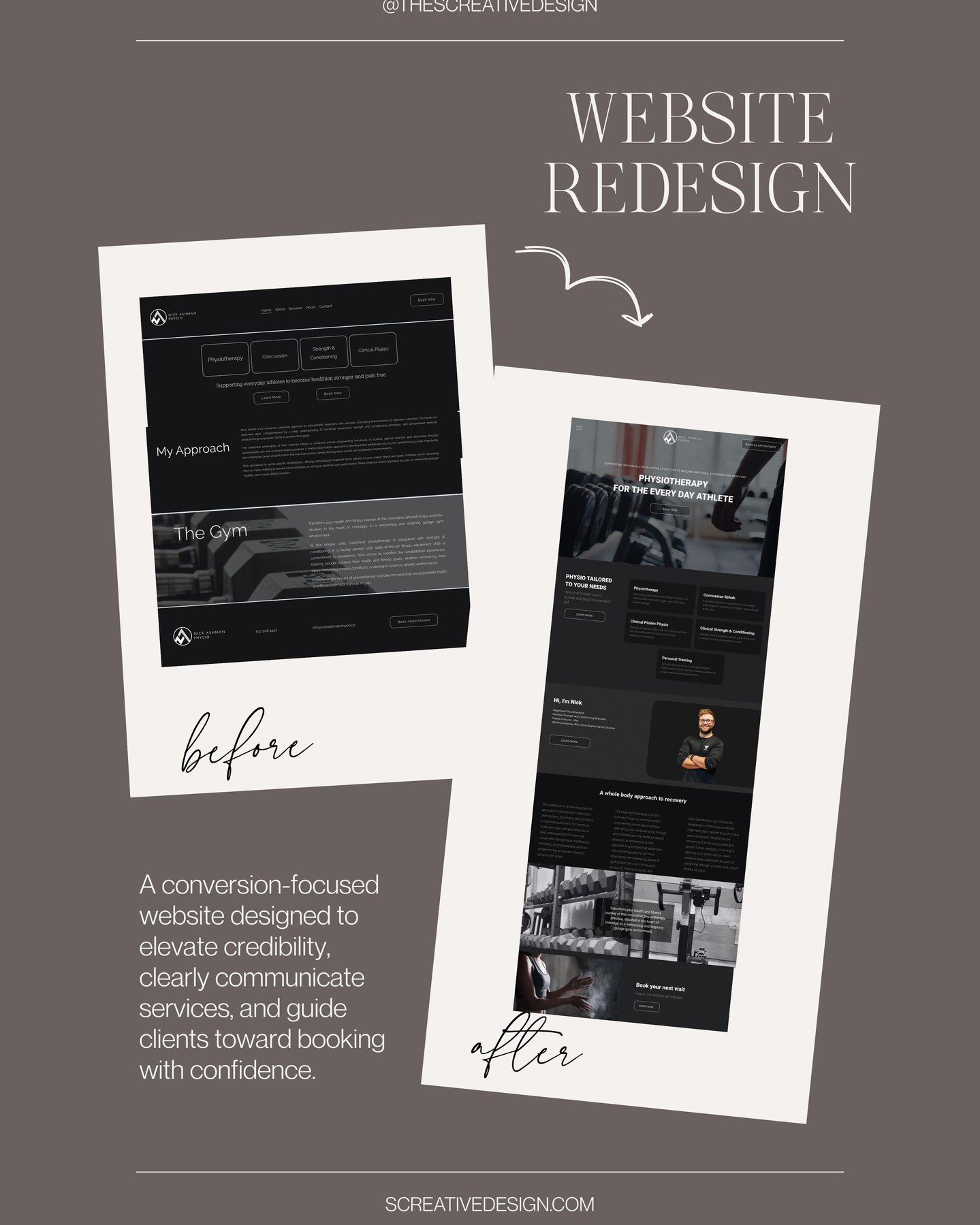 Credibility starts with the right first impression.
For out physiotherapy client we started with brand strategy. We reimagined the layout to speak directly to athletic clients, the imagery, the customer journey, all with a gym-inspired feel.
Every detail was shaped by strategy, building trust, guiding visitors along their journey
All website projects start with strategy.