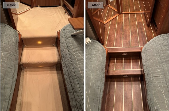 Viking SF complete interior flooring refit with Amtico LVT. Engine room noise and vibration management underlayment, flooring removal, surface prep, hatch lid replacements, concealed hatch pulls and new carpet and padding. #vikingyachts #yachtdesign #yachtlife #yachtflooring #ebersoldboatworks