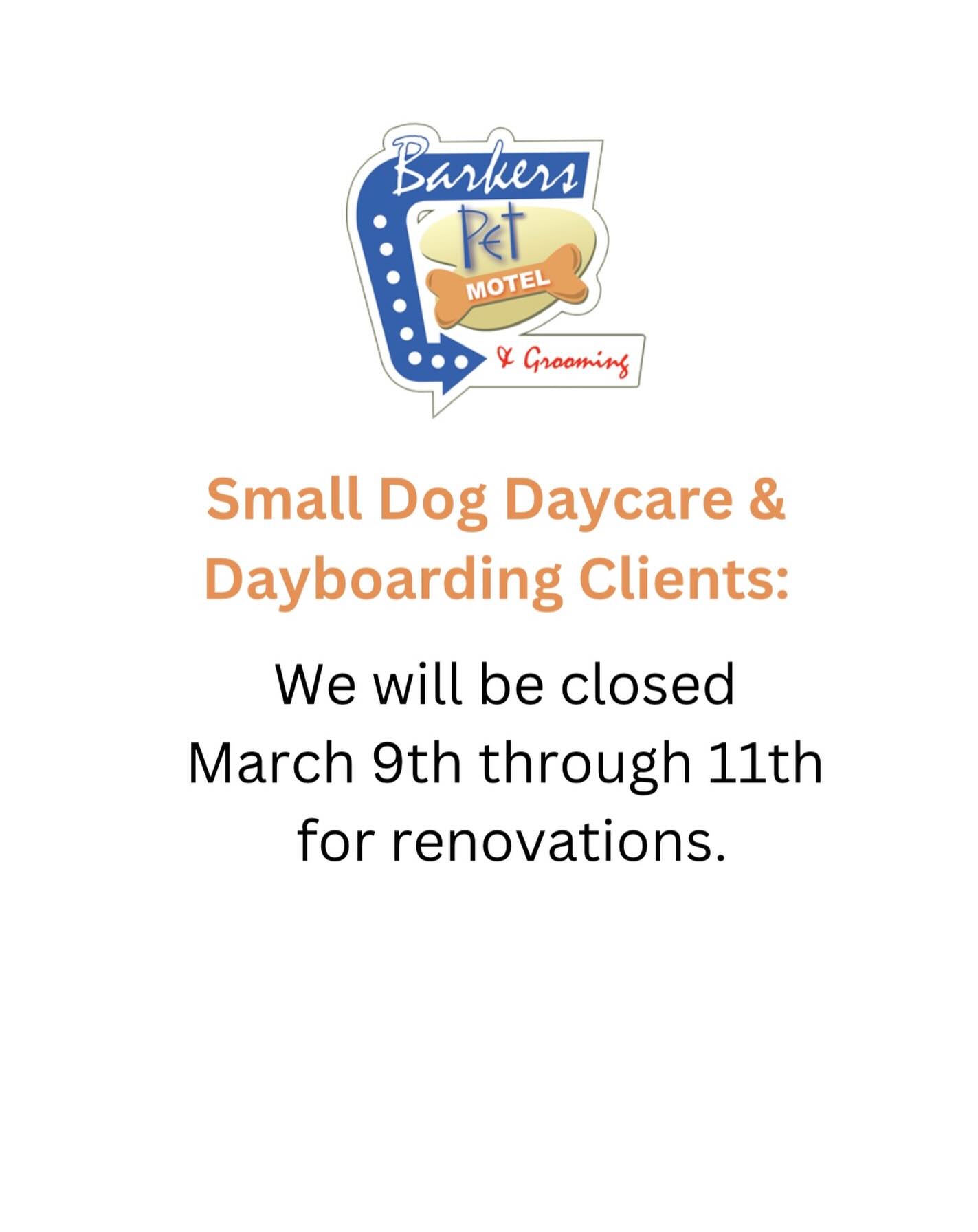 Next week, our Small Dog Daycare and Dayboarding will be closed for renovations from Monday–Wednesday.
Big Dog Daycare will still be running as usual, so our large pups can keep on playing!
Small dogs and Dayboarding guests are welcome to drop in again starting Thursday. If you’re unsure which group your pup usually plays in, please contact us and we’ll be happy to help.
Thanks for your patience while we make things even better for your dogs! 🐶