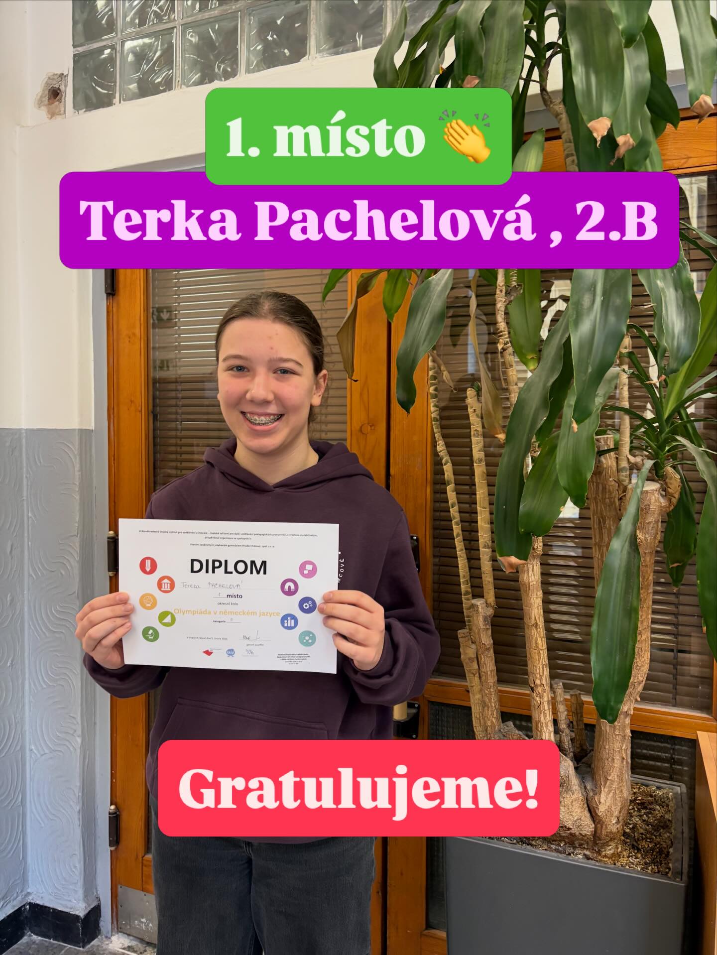 Moc gratulujeme Terce k vítězství v okresním kole Konverzační soutěže v německém jazyce a děkujeme za krásnou reprezentaci školy! 🎉