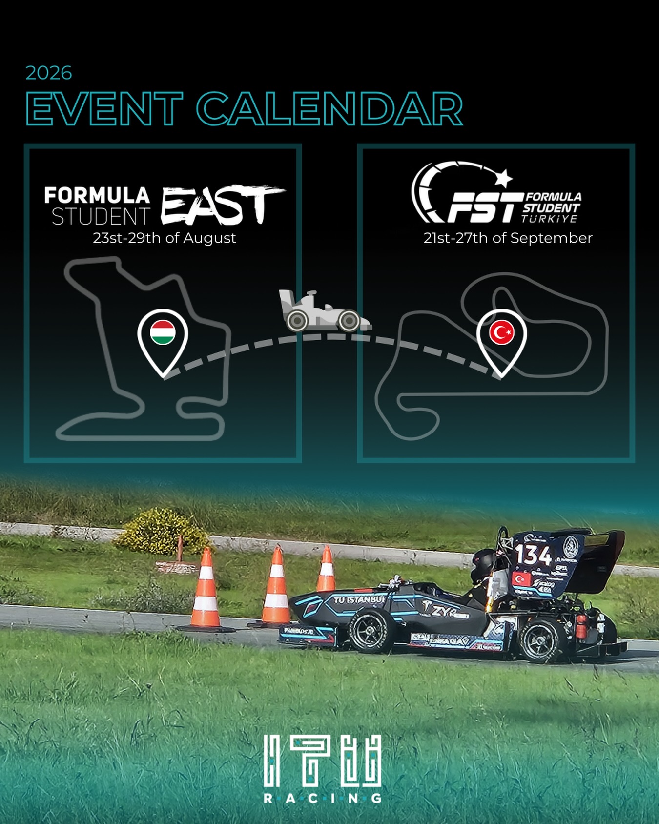 🏎️ Yeni sezon, yeni heyecan! 2026 takvimimiz belli oldu.
Bu sezonki Formula Student yarışlarımız için geri sayım başlıyor,
📍FS EAST/23-29 Ağustos/Hungaroring
📍FS Türkiye/21-27 Eylül/Kocaeli-Türkiye
🏎️ New season, new excitement! Our 2026 calendar is now finalized.
The countdown begins for this season’s Formula Student races,
📍FS EAST/23rd-29th August/Hungaroring
📍FS Turkiye/21st-27th September/Kocaeli-Turkiye
@formulastudenteast @formulastudentturkiye @ituprojetakimlari @itu1773 #fseast #ituracing #formulastudent #motorsport #fsturkiye