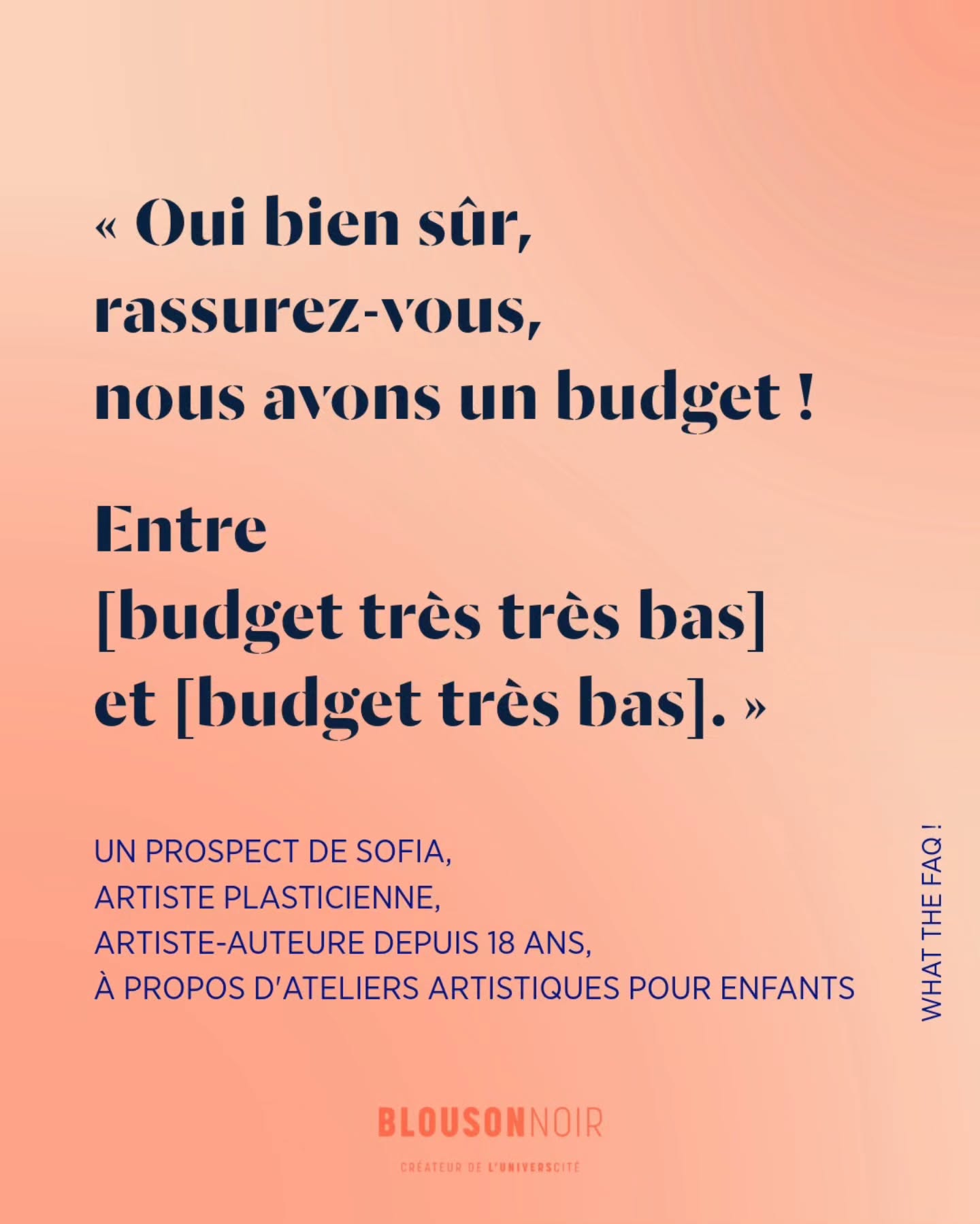 Dans #WhatTheFAQ, je partage des conseils actionnables pour répondre aux questions/remarques surprenantes de vos clients/es, prestataires, proches…
😑 Ces demandes sont parfois intentionnelles, plus ou moins habilement énoncées par votre interlocuteur/trice, pour vous emmener là où il/elle le souhaite.
😅 Mais majoritairement, elles sont lancées tel un automatisme :
• sans y avoir réfléchi,
• sans penser aux conséquences pour vous,
• sans que votre interlocuteur/trice ne se demande si cette exigence serait acceptable pour lui/elle-même,
• et bien souvent, en affirmant des idées reçues « C’est normal ! », « C’est la manière de procéder depuis des années ! », « Les autres freelances acceptent, pourquoi pas vous ? »…
🚨 Ce n’est pas parce que ces comportements sont répandus qu’ils sont pour autant acceptables. 🚨
Je pointe ces habitudes pour nous questionner chacun/e (tant dans le rôle du prestataire que dans celui du/de la client/e) sur les pratiques abusives, les remarques désagréables, les avis non sollicités, que nous entendons régulièrement. 😱
Je pointe ces usages en toute bienveillance. Soyons honnêtes, cela peut arriver à tout le monde de :
• formuler maladroitement une demande 😅
• répondre favorablement à une mauvaise pratique car nous ne savons pas comment refuser (ou que nous ne l’avons pas identifiée comme telle sur le moment).
Retrouvez des conseils directs dans ce carrousel pour vous aider à :
👀 Prendre conscience que ce n’est pas normal,
🤯 Ne plus être déstabilisé/e ou affecté/e,
😉 Savoir comment répondre !
💬 Et vous, comment répondez-vous ?
Vos conseils peuvent être utiles à d’autres entrepreneurs/es créatifs/ves. 🙏
#RelationClient #RespectCreation #EntrepreneuriatCreatif #FormationEntrepreneuriatArtistique