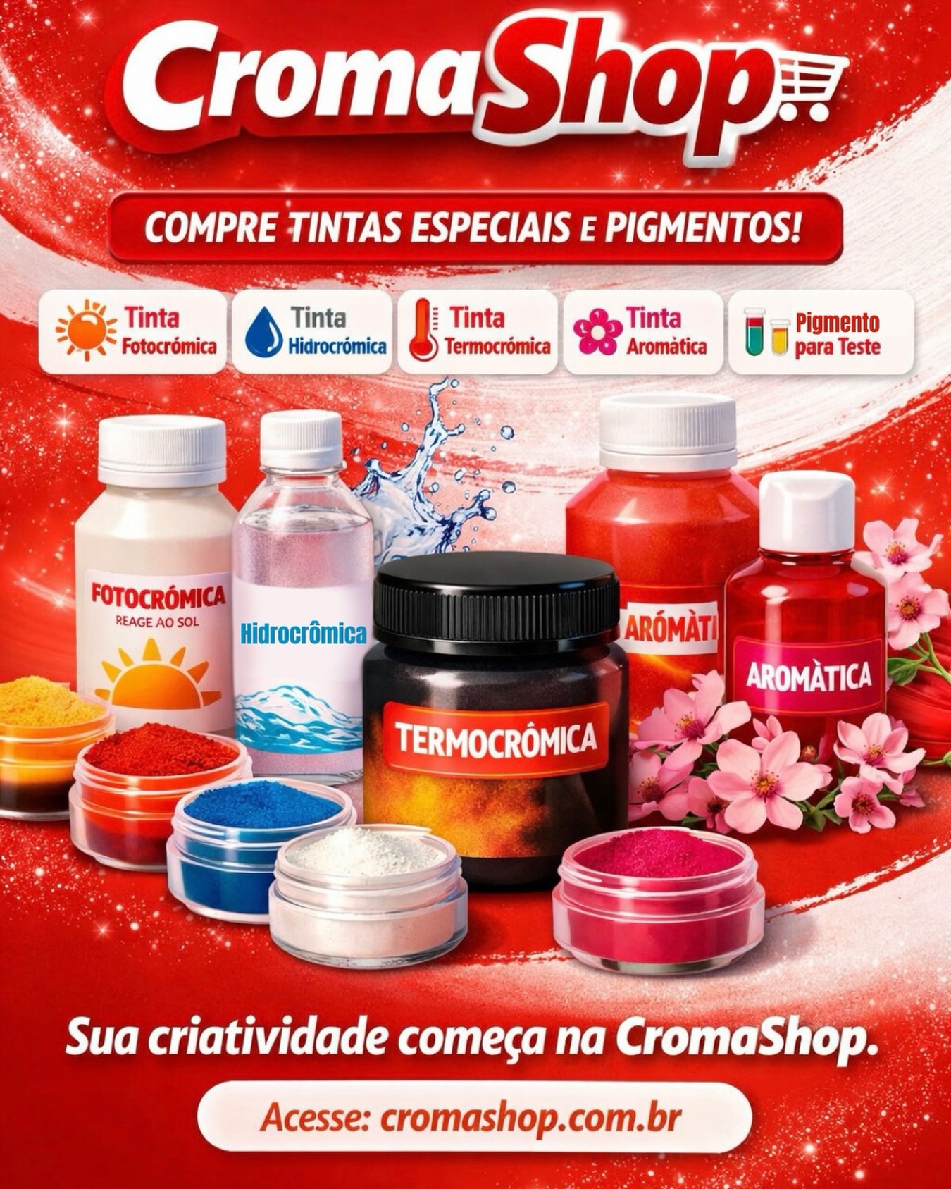 ✨ A inovação que você procura, agora a um clique de distância!
A Croma agora tem loja virtual!
Bem-vindo à CromaShop 🛒
Na nossa loja online você encontra:
🎨 Tintas Especiais
☀️ Tinta Fotocrômica (reage ao sol)
💧 Tinta Hidrocrômica (revela com água)
🌡️ Tinta Termocrômica
🌸 Tinta Aromática
🧪 Pigmentos
✨ E muito mais!
Tudo com a qualidade Croma, envio para todo o Brasil e a praticidade de comprar sem sair do seu ateliê ou empresa.
🔗 Acesse a CromaShop e transforme suas ideias em experiências sensoriais!