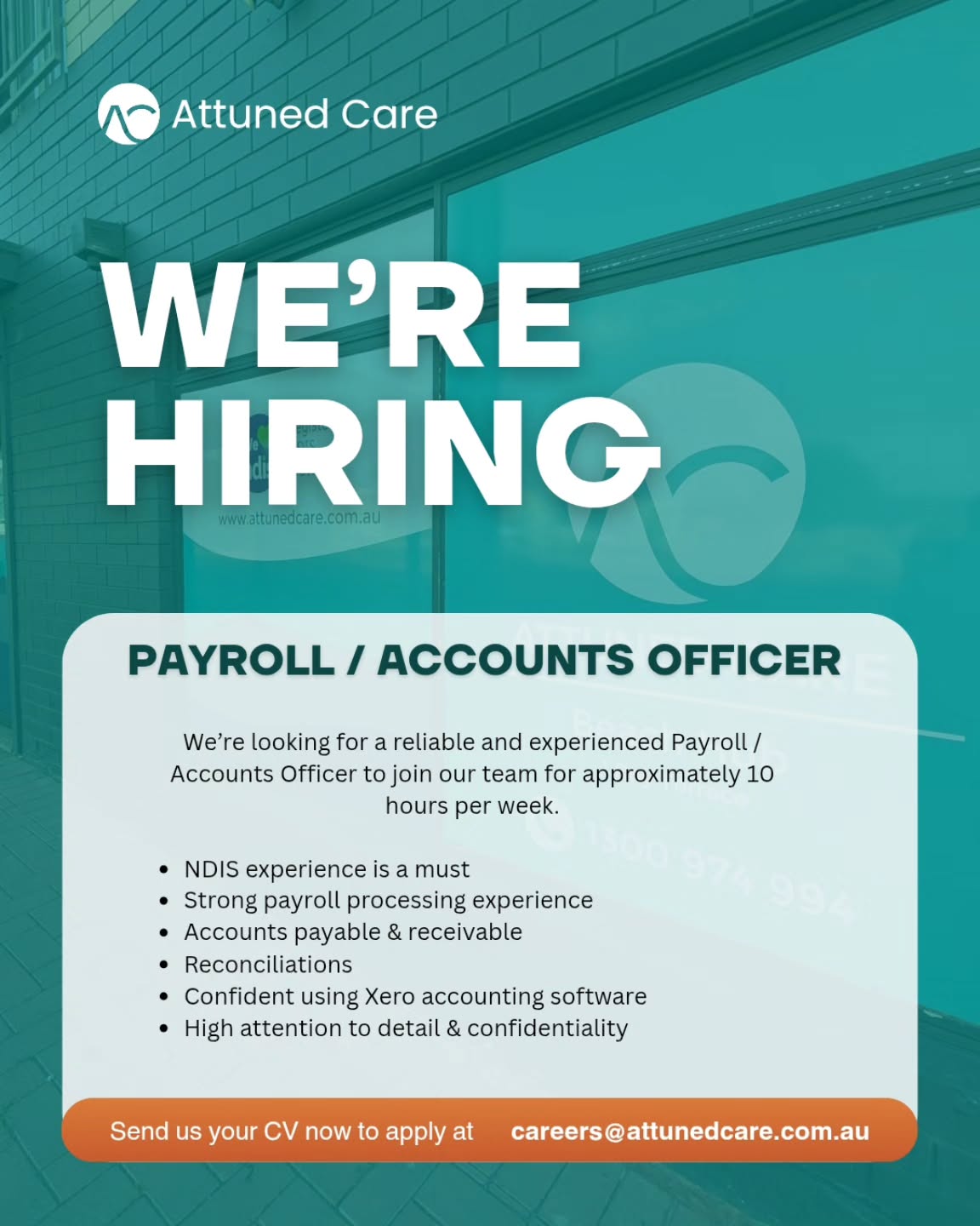 📣 We’re Hiring – Payroll / Accounts Officer
Attuned Care is expanding, and we’re seeking an experienced Payroll / Accounts Officer to join our team for approximately 10 hours per week in a flexible part-time capacity.
This role is ideal for someone with solid experience in the NDIS sector who understands compliance, funding structures, and reporting requirements.
What we’re looking for:
✔ Proven NDIS experience (essential)
✔ Strong payroll processing background
✔ Accounts payable & receivable expertise
✔ Reconciliations experience
✔ Confidence using Xero
✔ Exceptional attention to detail and confidentiality
If you’re organised, efficient, and comfortable working independently, we’d welcome the opportunity to connect.
📩 Please send your resume and a brief cover letter outlining your experience via DM or email to careers@attunedcare.com.au
#NDIS #disabilityservicesadelaide #dis #AdelaideJobs