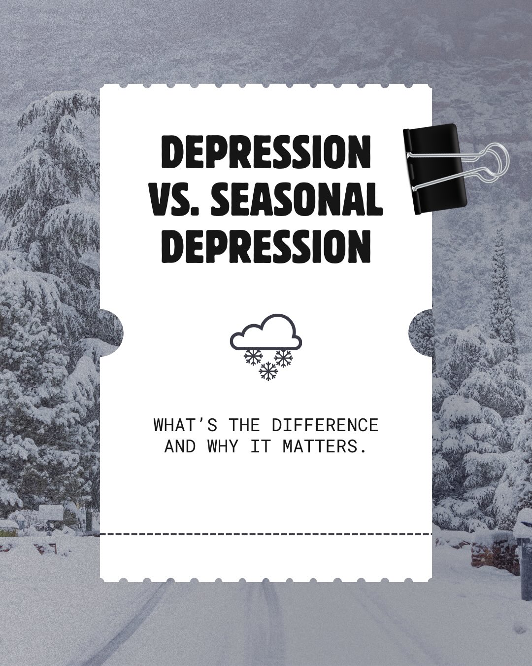 Not all depression looks the same.
And not all low moods mean the same thing.
Seasonal depression (SAD) is a real clinical pattern — not just the “winter blues.”Major depressive disorder isn’t tied to the weather.
Understanding the difference doesn’t mean diagnosing yourself. It means learning the language of mental health.
At Voices Meet Minds, we believe education reduces shame. Clarity creates compassion, especially for ourselves.
If something in this post resonates, consider reaching out to a mental health professional or someone you trust. You don’t have to carry this alone.
🖤 Save this for later
🩶 Share with someone who might need this
🤍 Comment: Have you noticed your mood shift lately?
#seasonaldepression #SAD #majordepressivedisorder #wintermentalhealth #voicesmeetminds