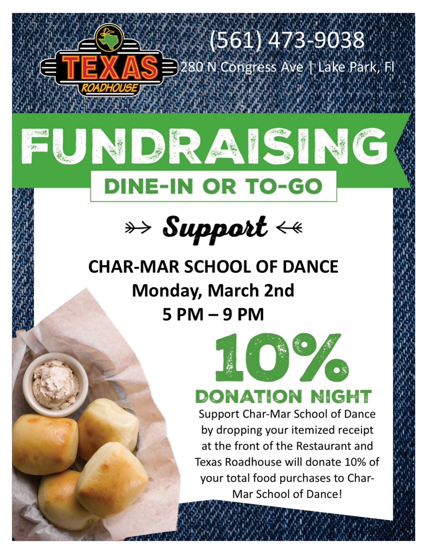 🚨 IMPORTANT FUNDRAISER DETAILS 🚨
Join Char Mar at Texas Roadhouse on Monday, March 2nd from 5–9 PM!
📍 280 N Congress Ave, Lake Park, FL
This applies to dine-in AND to-go orders 🤎
10% of your purchase will be donated back to our studio — but you must follow these steps:
✨ VERY IMPORTANT ✨
• Show a physical flyer OR a photo of the flyer
• Present it at the front when paying (for dine-in or pickup)
• Make sure you receive an itemized receipt
If the flyer is not shown with the itemized receipt, the donation cannot be processed.
Bring family and friends and support our dancers! 💛