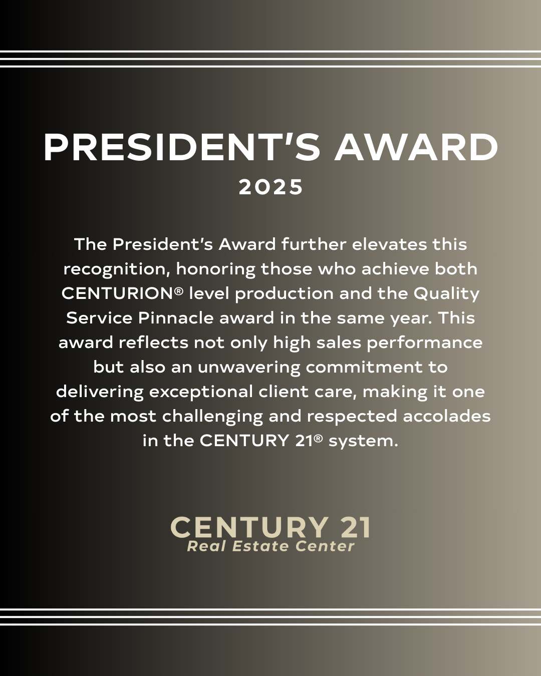 The President’s Award represents the very best of production and client service, and we are incredibly proud to celebrate Bill Townsend & Angelica Meza Del Valle, Bill Jordan, and Patti Morris for earning this prestigious recognition in 2025. 👏✨
Your dedication, consistency, and commitment to excellence continue to elevate CENTURY 21 Real Estate Center. 🏆