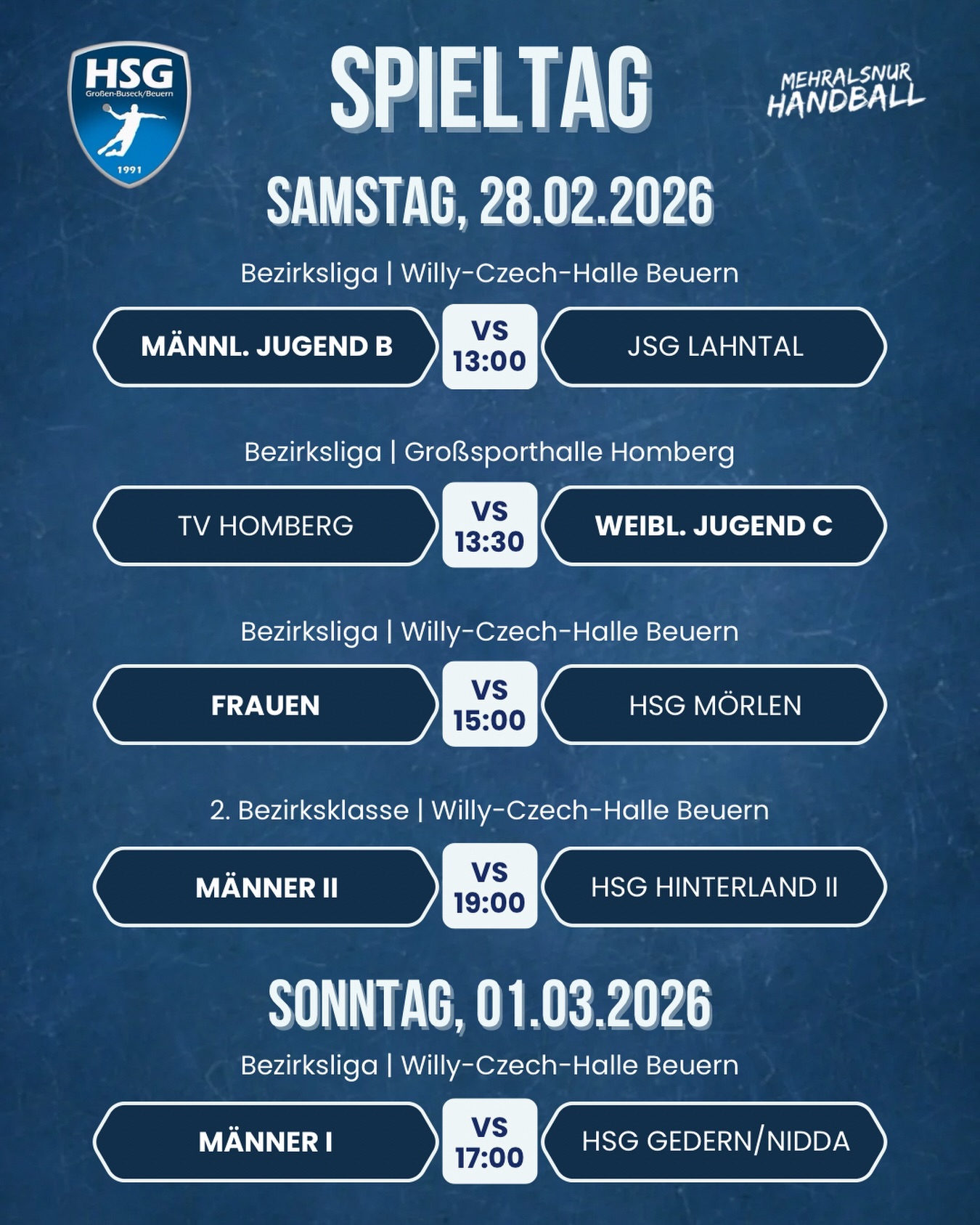 🔵 SPIELTAG | 28.02. & 01.03.2026 🔵
Am Samstag und Sonntag ist wieder richtig was los in der Willy-Czech-Halle! Bis auf das Auswärtsspiel unserer WJC gibt es nur Heimspiele am Wochenende!
Die MJB, Männer II und Frauen wollen selbstverständlich die Punkte zuhause behalten. Am Sonntag spielen die Männer I zuhause gegen HSG Gedern/Nidda was sicherlich ebenfalls für Spannung sorgen dürfte.
Kommt vorbei, macht die Halle laut und unterstützt unsere Teams! Wir freuen uns 🤝🏼
#matchday #handball #hsgbuseck #mehralsnurhandball #sport