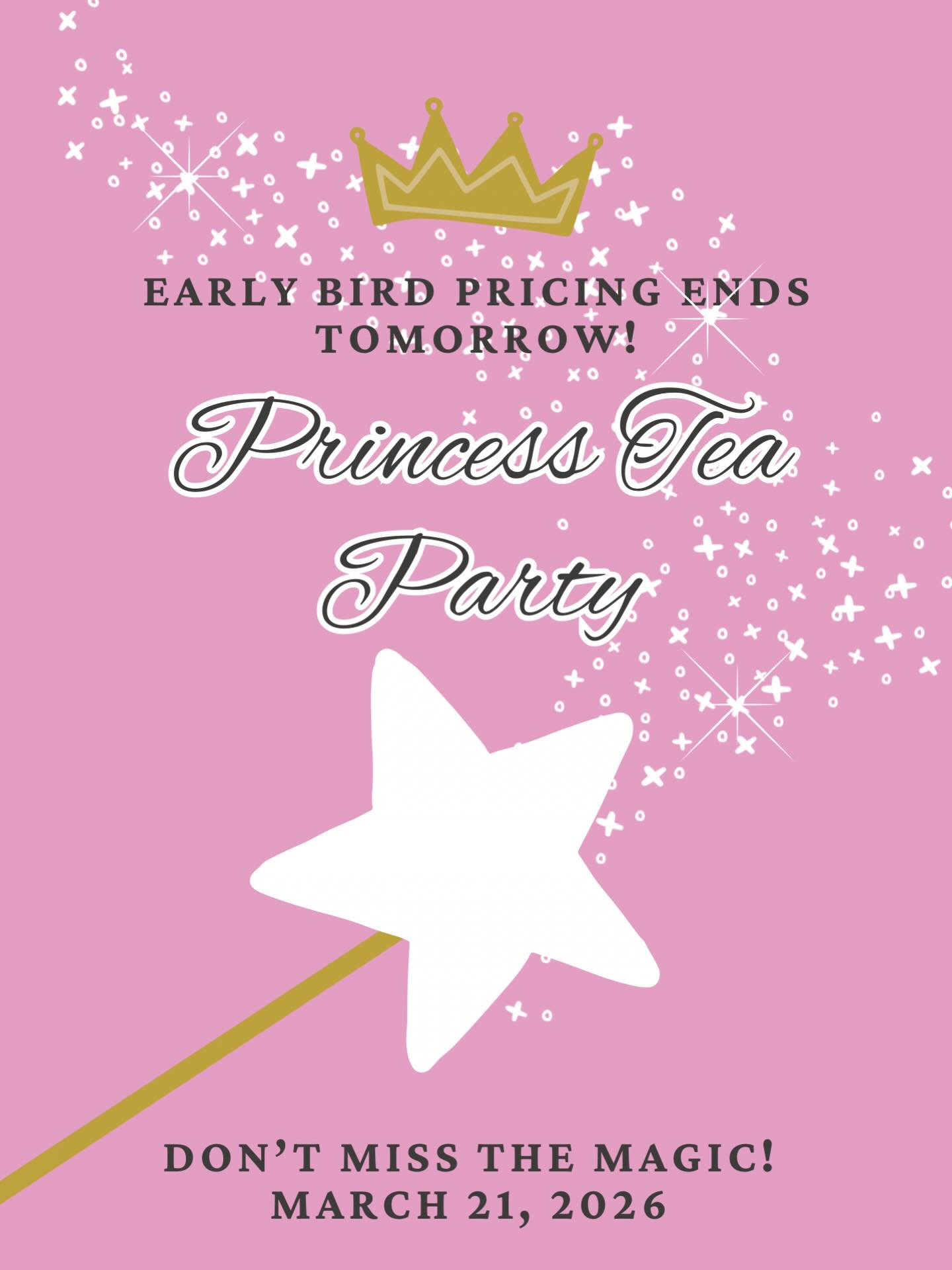 If she’s been talking about being a princess… this is your sign 👑✨
Early Bird pricing ends tomorrow!
Don’t wait until it’s sold out and you’re explaining why she missed the magic 😅
March 21, 2026 💖