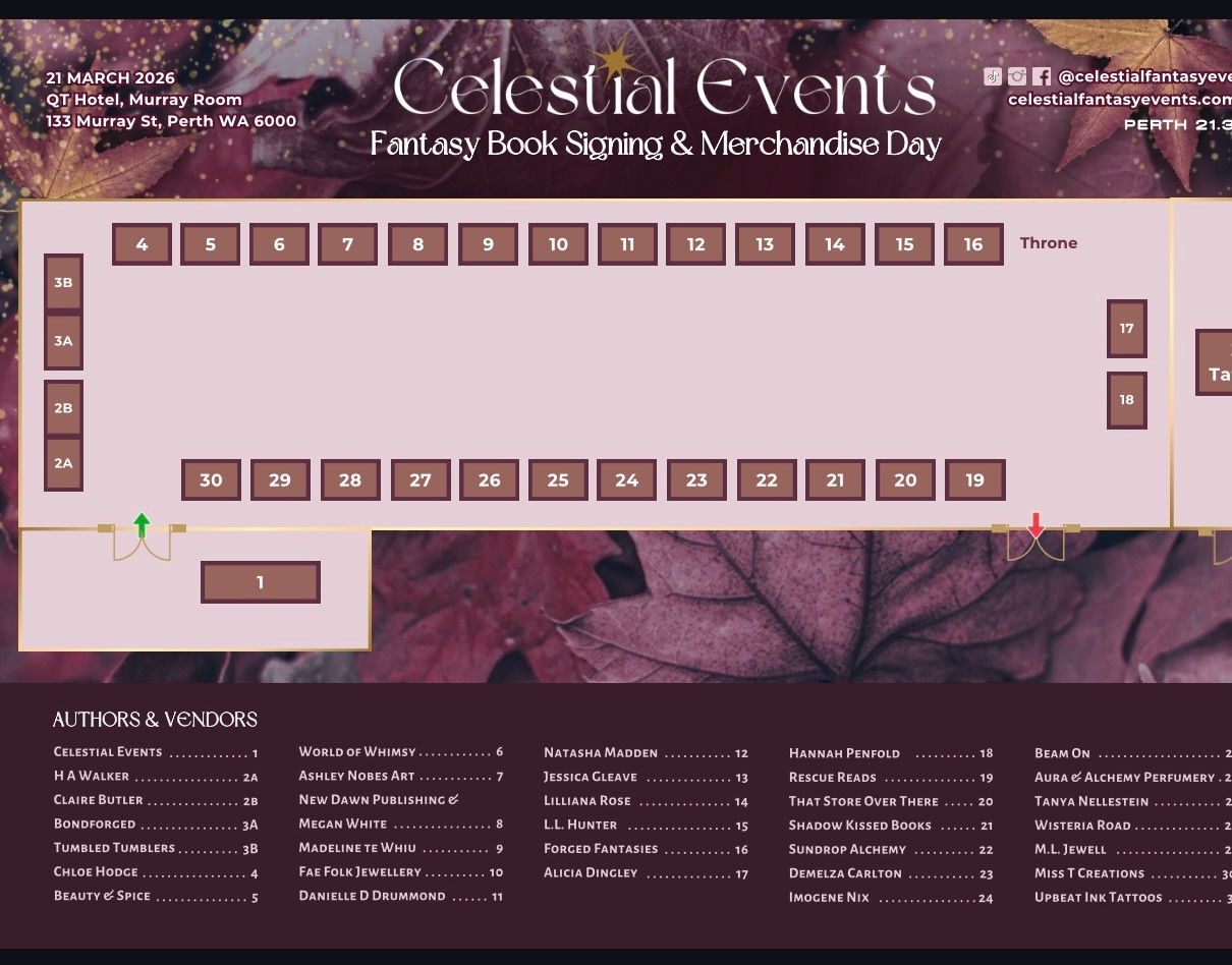 Perth readers, i have the floorplan for the signing! You can find me at table 15 at the event. See you there! @celestialfantasyevents #booksigning