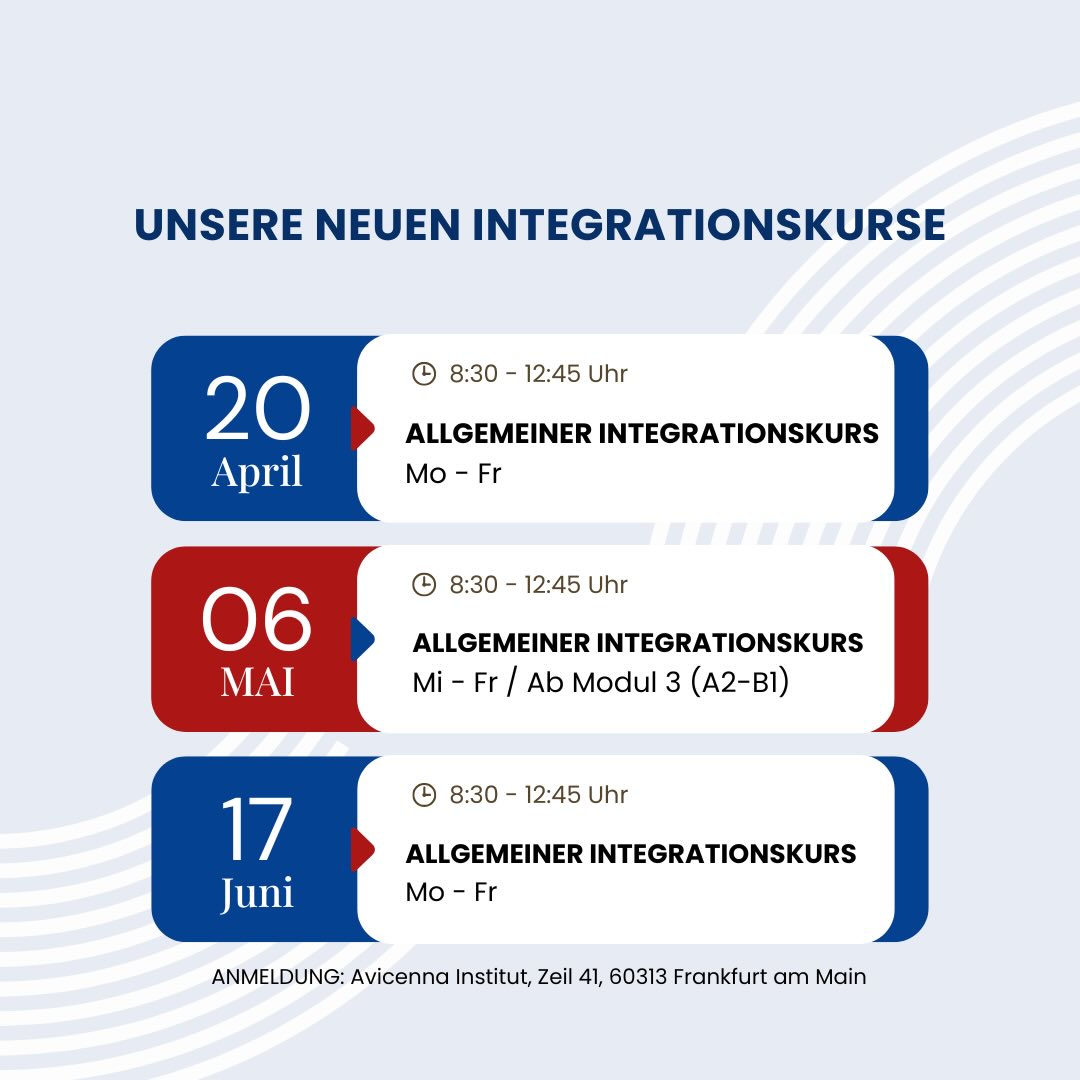 Neue Integrationskurse starten bald! 🇩🇪
Lerne Deutsch und gestalte deine Zukunft. Jetzt anmelden!
#integrationskurs #deutschlernen #integration #neustart #zukunft