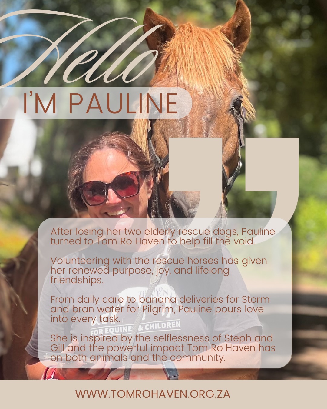Grief brought her here… purpose made her stay. 🤍
After saying goodbye to her two beloved rescue dogs, Pauline was left with an unbearable void. But instead of closing her heart, she chose to open it wider — and found her way to Tom Ro Haven.
Now her days are filled with feeding, cleaning, wound care, fixing what the horses break (which is a lot!), making sure Storm gets his banana 🍌 and Pilgrim his bran water… and giving as many hugs and kisses as her “babies” will allow.
What began as a way to soften loss has become a place of deep joy, lifelong friendships, and real purpose.
Inspired by Steph & Gill’s selfless commitment to both horses and the community, Pauline reminds us that sometimes healing comes when we give back.
If you’ve ever wondered whether volunteering makes a difference — it does. 🤍
WhatsApp Steph on +27 78 747 6965 to get involved
#TomRoHaven #VolunteerSpotlight #HealingThroughHorses #GiveBack #RescueWithPurpose