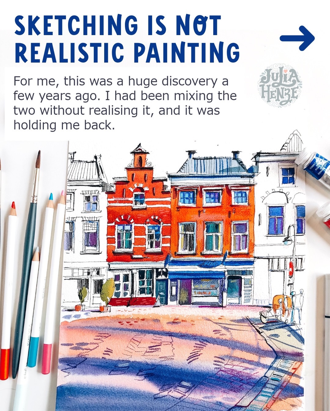 Do your sketches look stiff and boring when you try to make them realistic?
You probably know me for my bright, not realistic sketches, but I used to experiment with that because I was curious, I wanted to understand what would happen if I pushed it further, added more detail, worked more slowly and aimed for realism.
👩🏻🎨 That experiment taught me something important.
You cannot create a truly realistic painting in an hour. Realism requires time, careful layering, precise colour relationships and controlled lines. It is a completely different discipline with a completely different intention.
Sketching, on the other hand, is interpretation. It is selective. It allows exaggeration and simplification. It invites personality and decisions. And once I saw that clearly, I realised that trying to combine the two approaches in one quick session simply did not work.
❇️ For me, it had to be one or the other.
And I chose sketching, not because it is easier, but because I would rather express something than reproduce it exactly. If the goal is perfect accuracy, a camera will always do a better job. What interests me is not copying what is there, but translating how I see it.
That shift changed the way I approach my sketchbook.
My friends, tell me, what is it for you when you sketch: are you trying to be correct or are you trying to be yourself?😉
#urbansketching #expressivesketching #sketchingprocess #artmindset #bravebrushes