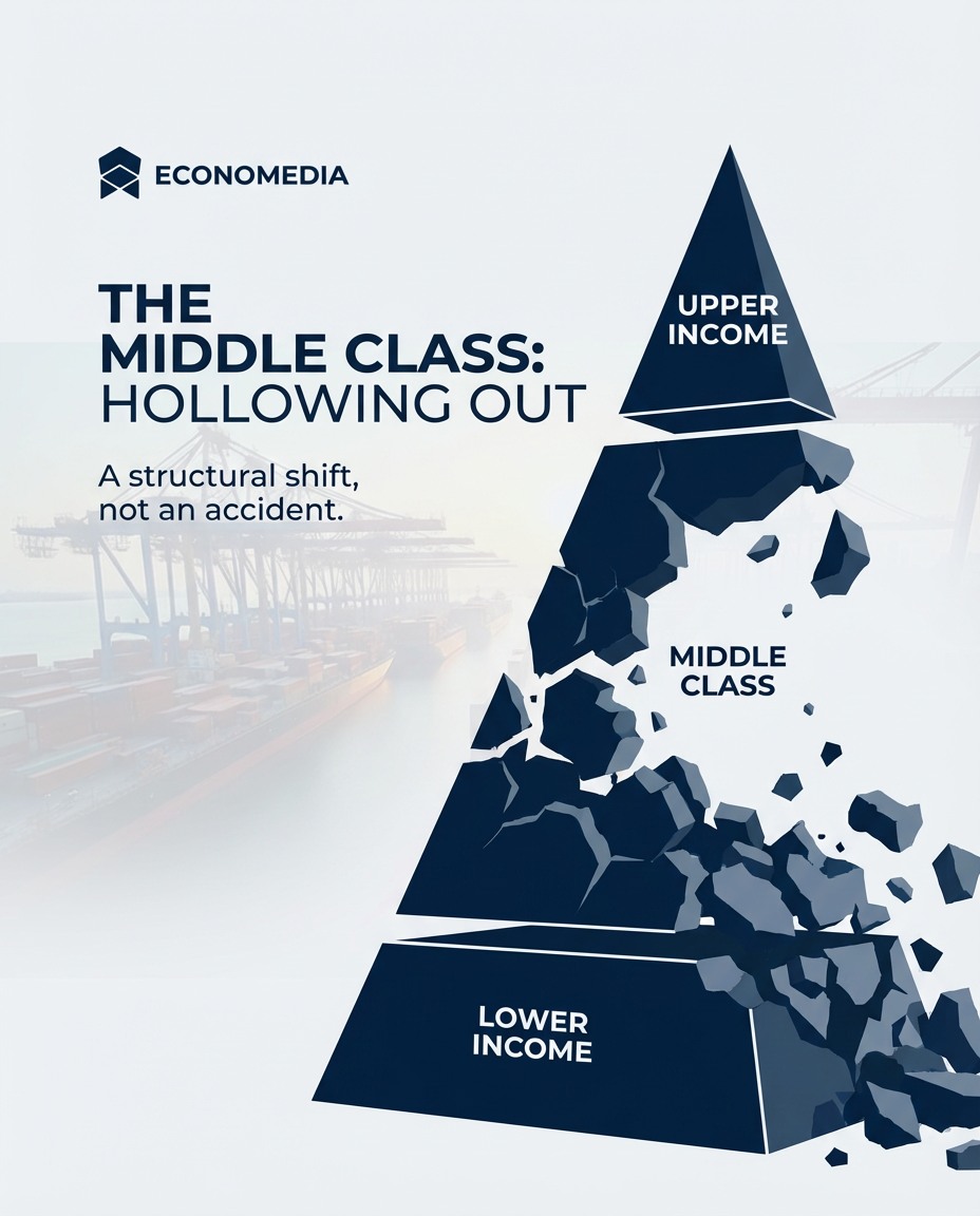 The middle class isn't just shrinking — it's being systematically dismantled.
Automation replaces stable jobs. Globalisation shifts wages downward. Asset inflation prices out homeownership. Tax structures favour wealth over work.
The uncomfortable truth? The economic system no longer requires a large, stable middle class to function. And the data tells that story clearly.
We've visualised how income distribution has polarised over the past 40 years — and the shift is stark.
This isn't about nostalgia. It's about understanding the structural forces reshaping our economy, and asking: what kind of society do we want to build?
Swipe through to see the transformation 👉
What's your take? Are we witnessing managed decline or creative destruction?
#MiddleClass #EconomicInequality #FutureOfWork #Economedia #EconomicPolicy