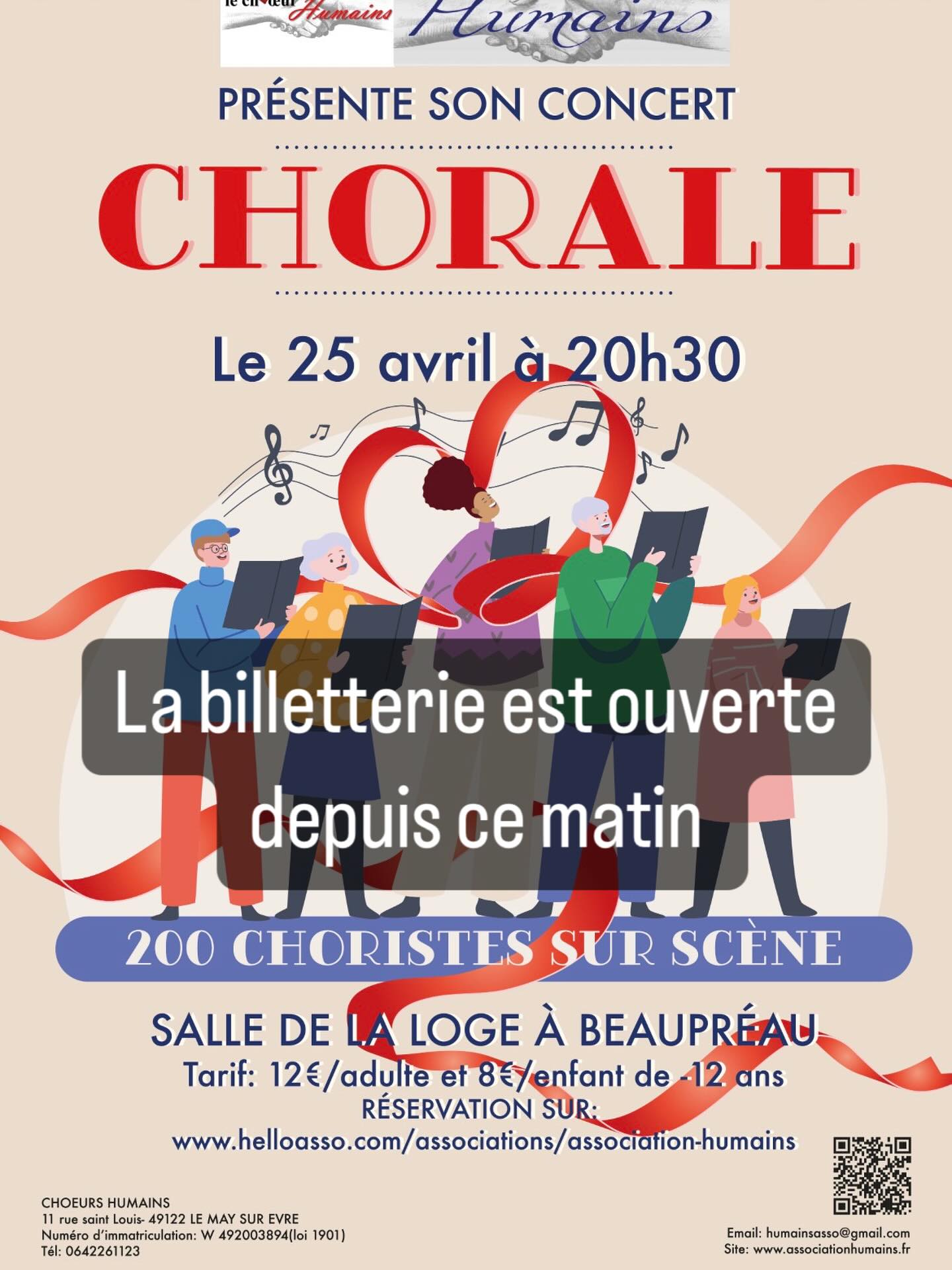 Bonjour à tous.
Venez assister à notre 1er concert 2026, le CHOEUR HUMAINS 🧡à la salle de la LOGE de BEAUPREAU (49), le 25 avril 2026 à 20H30. 🎤
Cette année, le thème de nos concerts est Le LIEN 🤝
Pour ce concert à BEAUPREAU, Les places seront en vente à partir du lundi 2 mars 2026 à partir de 10H . Ne tardez pas à réserver, seulement 680 places sont disponibles. L’année dernière, nos 3 concerts se sont remplis en seulement une semaine.✨
Pour réserver c’est simple, cliquez sur le lien ci-dessous, et laissez- vous guider🤩
🗓️ Inscrivez-vous dès maintenant pour l’événement LE CHOEUR HUMAINS en concerts à la LOGE de BEAUPREAU, le 25 avril 2026: https://www.helloasso.com/associations/association-humains/evenements/le-choeur-humains-a-la-loge