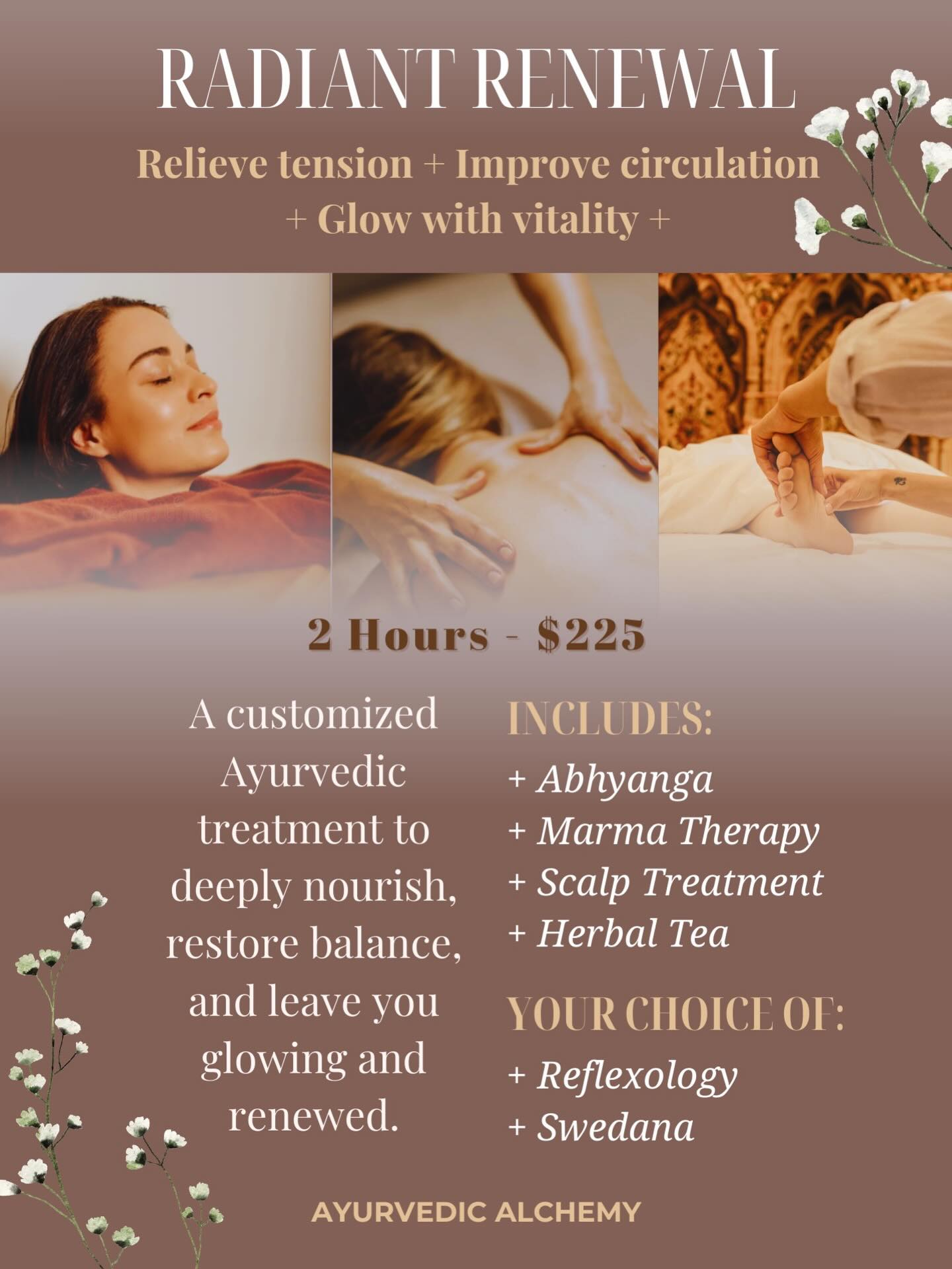 ✨ Radiant Renewal ✨
Relieve tension.
Improve circulation.
Glow with vitality.
This 2-hour customized Ayurvedic experience is designed to deeply nourish your body, calm your nervous system, and restore balance from the inside out.
Includes:
• Abhyanga
• Marma Therapy
• Scalp Treatment
• Herbal Tea
Plus your choice of:
• Reflexology
• Swedana
The perfect seasonal reset for body + mind 🤎
Now booking. Link in bio!
#RadiantRenewal #AyurvedicAlchemist #AyurvedaLife #Abhyanga #MarmaTherapy