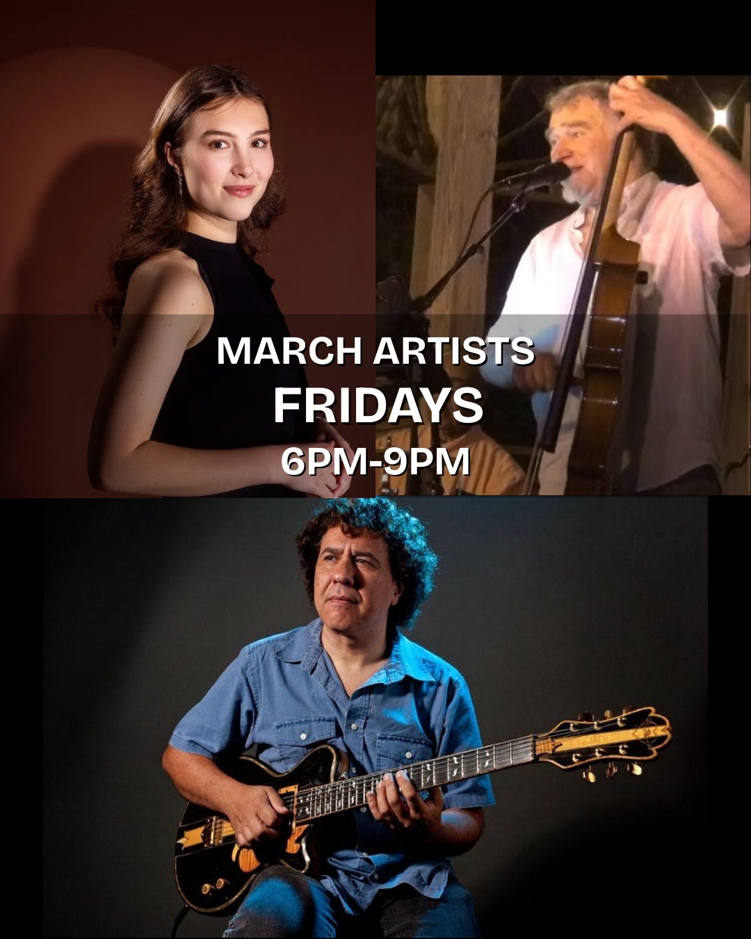 π΅THIS MONTH'S JAZZ ARTISTS πΉ
March 6th: Angelina Miers (Duo)
March 13th: Tim Siciliano Duo
March 20th: Dennis Raffelock
March 27th: Tim Siciliano Duo
Join us on Fridays for live music, outstanding wines π·, hand-crafted cocktails πΈ, and delectable small plates of food π§!
Fridays ~ 6:00-9:00PM
**Reservations Required** (See link in bio or below!)
$20 COVER CHARGE, PER PERSON
~ 21+ Only π·π₯πΉ
~ NO Groups Over Six People
https://www.onewomanwines.com/reservations
#jazznight #northforkfridays #winery #tastingroom #thehalfnote #longislandjazz #livemusic #northforkwine #womanownedbusiness #nofo #northforkevents #liwine #longislandwine
ALT TEXT:
1) Three photos collaged together: top left a young woman wearing a sleeveless black top, top right a man in a white shirt singing and playing stand up bass, bottom center a man in a blue shirt posing with his guitar. Text says, "March Artists, Fridays, 6PM-9PM".
2) Dark purple background with white text that says, "The Half Note, March 6th Angelina Miers, March 13th Tim Siciliano Duo, March 20th Dennis Raffelock, March 27th Tim Siciliano Duo"
