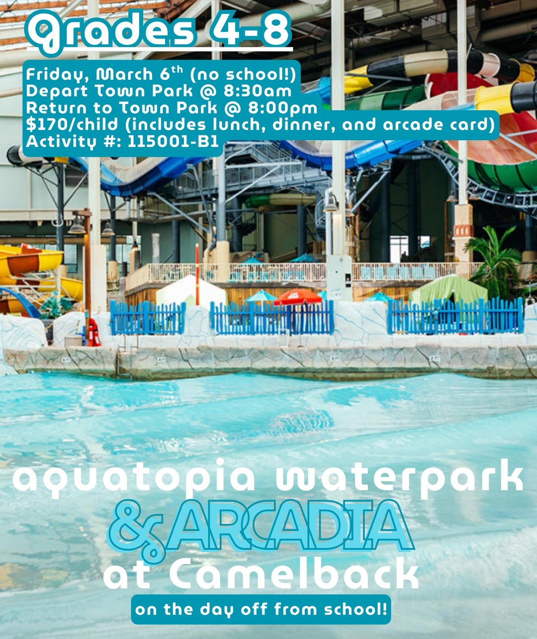 Come enjoy your day off from school for a fun filled day at USAโs #1 indoor waterpark. With wild slides, fun rides, cozy cabanas and more, itโs everything you want from Camelback Mountain Resort. Not only will we be slippinโ and slidinโ we will be visiting Arcadia, the mega arcade! This two-level Poconos arcade has it all including video games, rides and prizes โ lots and lots of prizes. Rack up high scores to redeem your tickets for a new toy. Then, do it again.