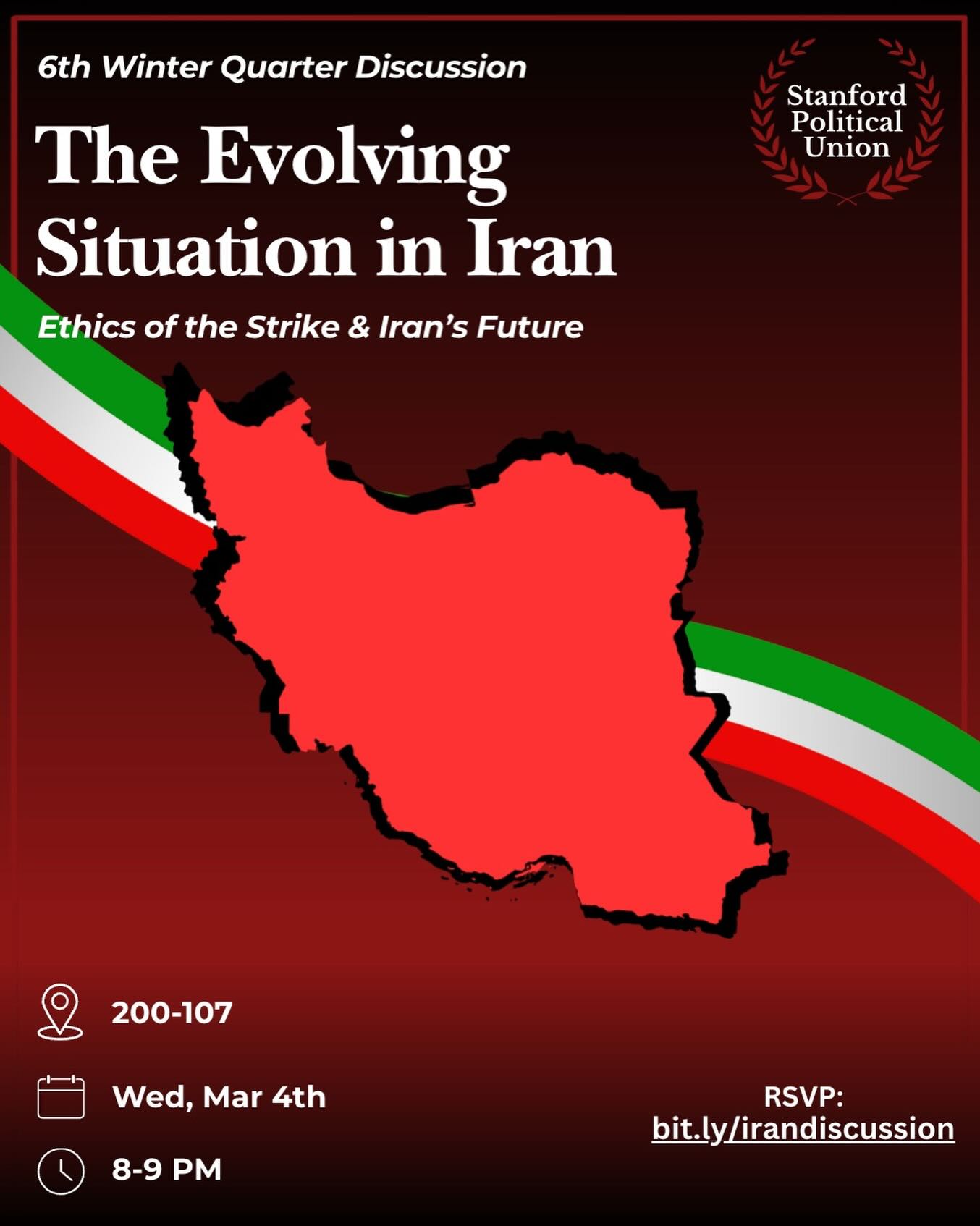 Join the Stanford Political Union on Wednesday, March 1st, at 8pm in 200-107 to discuss the ethics of the strike, Iran’s options to respond, and the future of the conflict.
RSVP: bit.ly/irandiscussion