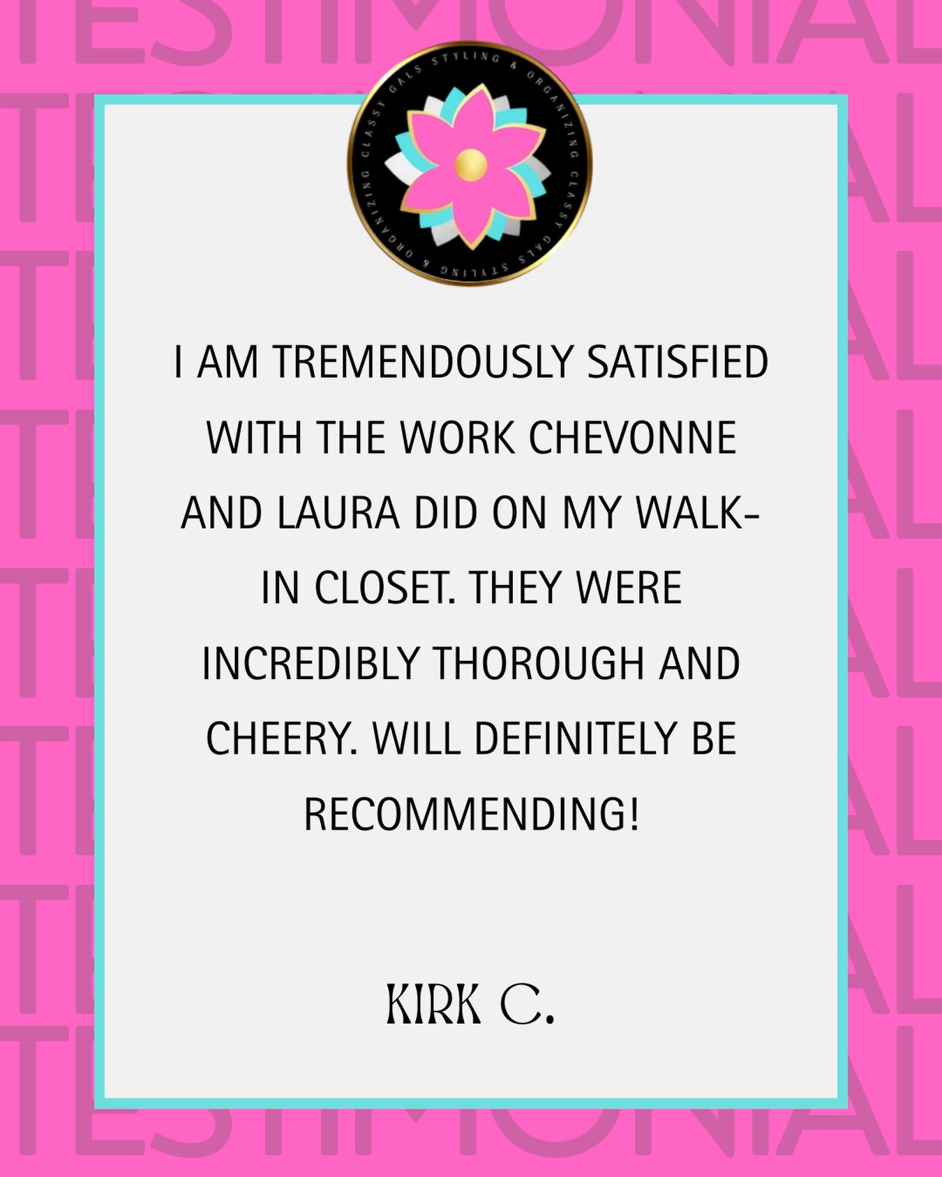 Yessss Classy Gals is outside making closets feel like luxury again ✨💗
There’s nothing better than a client who feels seen, heard, and completely satisfied. Chevonne and Laura brought the energy, the thoroughness, and the cheer — and this is what happens when organization meets excellence.
A walk-in closet isn’t just storage… it’s your daily launch pad. When it’s organized, you move differently. You think differently. You show up differently.
Thank you, Kirk C., for trusting Classy Gals Styling & Organizing to transform your space 💐
Ready to love your closet again?
Let’s make it classy. 💕