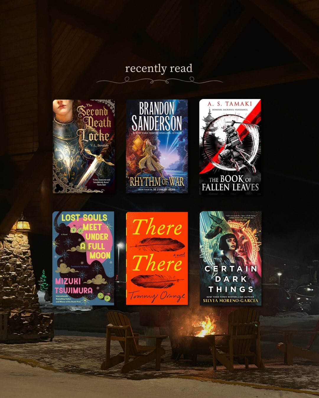 some books i recently finished + added to tbr
——
1. second death of locke by v.l. bovalino
- the character interactions and magic system felt choppy. the yearning wasn’t yearning for me, personally.
2. rhythm of war by brandon sanderson
- cried way too many times in this book. contrary to popular opinion, i actually loved the plot of this one 🤣 it was iconic and highlights the core themes of the series
3. the book of fallen leaves by a.s. tamaki** (out March 17 2026)
- i had a hard time finding the characters engaging bc it felt like i was being told what was happening rather than living the events with them. a huge part of the fantay social hierarchy felt underdeveloped and i think it missed the chance to maximize on the elements that made it unique.
4. lost souls meet under a full moon by mizuki tsujimura
- whenever i think back on this book, i think of peace. for those looking to process pre-mediated grief but not in a depressing way. among the japanese short stories connections, this might be my favorite or the most satisfying connection that i read.
5. there there by tommy orange
- the kind of book you don’t regret reading. i learned a lot~
6. certain dark things by silvia moreno-garcia
- it took me so long to process the ending of this book and i still haven’t written my review for it bc i’m quietly reeling…. i might be traumatized. WE WERE SO CLOSE 😭😭
**ARC
do we agree/disagree on anything?
#bookstagram #fantasybookstagram