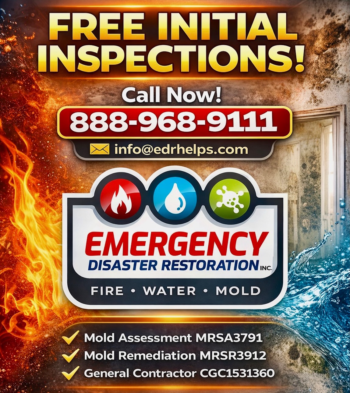 🚨 Don’t wait until the damage spreads — call today for a FREE inspection.
Water, fire, or mold damage can quickly turn into costly repairs if ignored. If you’re a South Florida property owner, get peace of mind with a professional inspection from a fully licensed restoration team.
📞 Call Now: 888-968-9111
📧 info@edrhelps.com
✔️ Mold Assessment MRSA3791
✔️ Mold Remediation MRSR3912
✔️ General Contractor CGC1531360
Fire • Water • Mold — We handle it all.
#SouthFloridaProperty
#SouthFloridaHomeowners
#PropertyDamageFL
#FloridaRestoration
#MoldInspectionFL