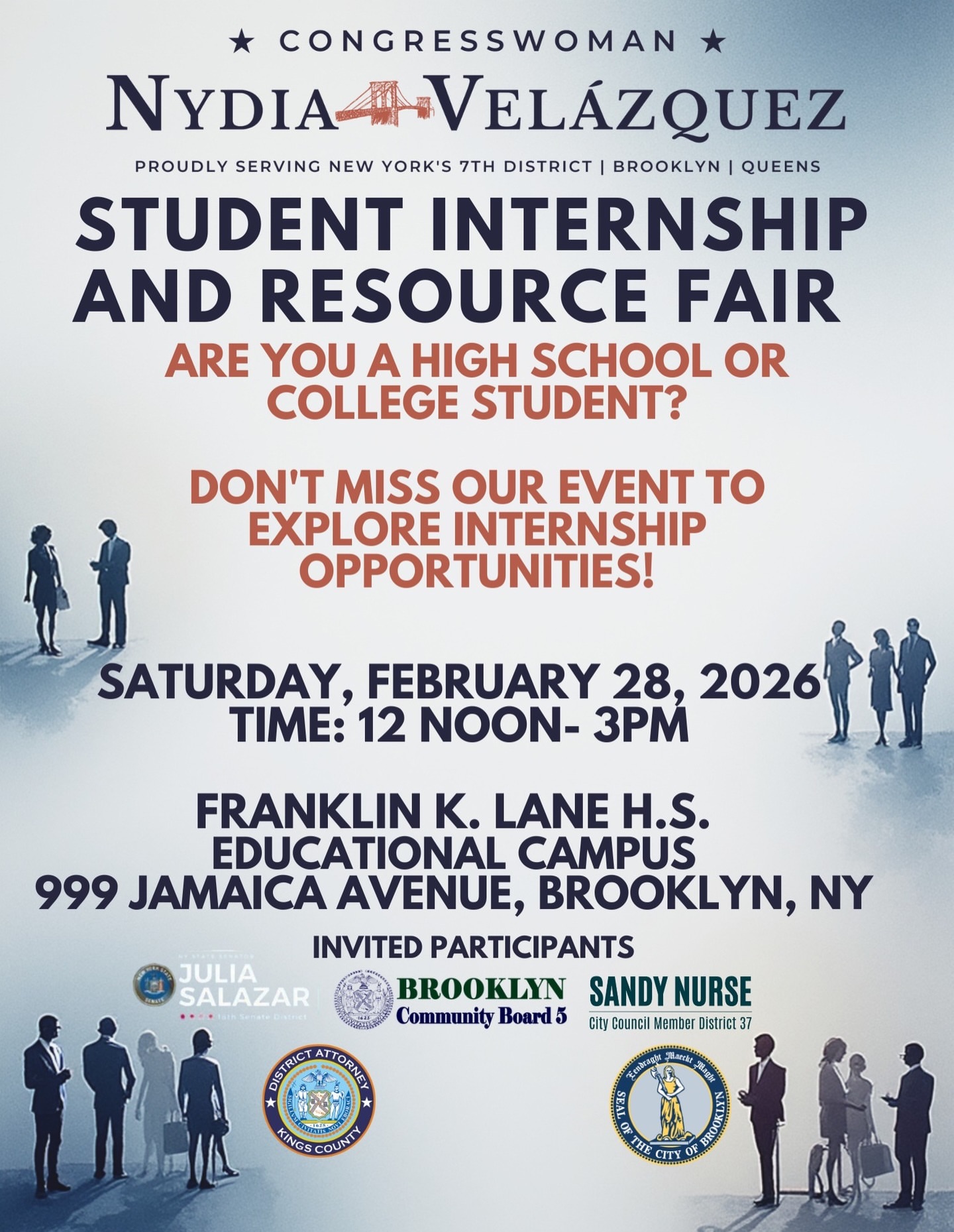 Repost from @rep_velazquez
ā¢
Are you a high school or college student? Join me this Saturday, Feb. 28 for a Student Internship & Resource Fair! Connect with opportunities and resources to help you build your future.
š
12-3 PM
šFranklin K. Lane Educational Campus, 999 Jamaica Ave, Brooklyn