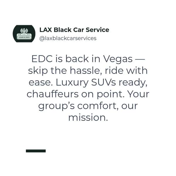 EDC Las Vegas 2026 is coming. ✨
Skip the ride-share chaos and festival traffic. Arrive in comfort and style with LAX Black Car Service.
Why choose us for EDC?
• Spacious luxury SUVs and vans for your entire group
• Professional chauffeurs who know the best routes
• Comfortable, climate-controlled vehicles
• Stress-free coordination for your entire weekend
No more worrying about parking, traffic, or unreliable transportation. Just luxury from airport to festival.
Ready to make your EDC experience seamless?
Use promo code CCPPF for 10% off your booking.
Book now: laxblackcarservices.com
Call: 1-714-702-3550
What's your biggest festival transportation concern? 👇
#EDCLasVegas #EDCLV2026 #FestivalTransportation #LuxuryTravel #BlackCarService #LasVegasEvents #GroupTravel #AirportTransfers #SouthernCalifornia #LAXTransportation #MusicFestival #EDCLife #VIPTransport #TravelInStyle #EventTransportation #EDC2026 #LasVegasNV #FestivalReady #LuxurySUV #SafeTravel #EDCTravel