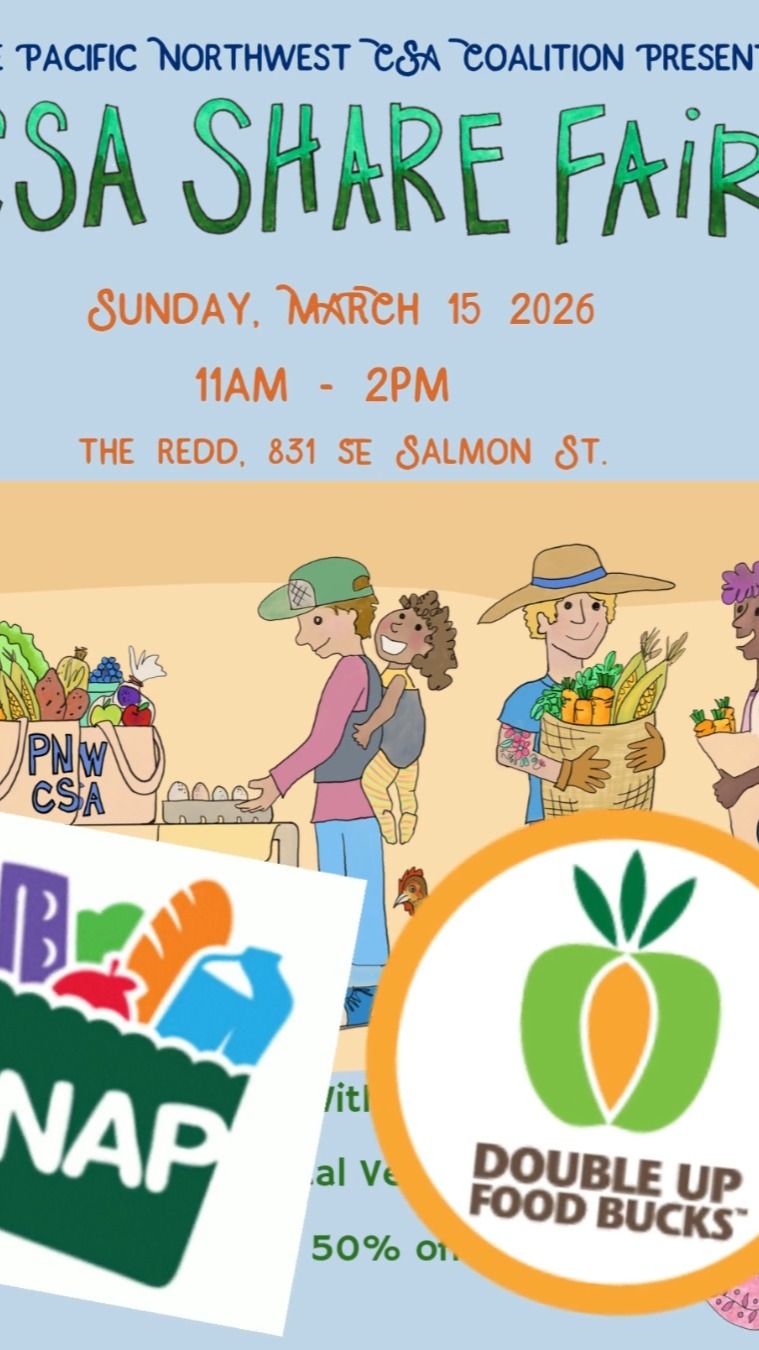 Want to use SNAP to get a CSA share from a local farm?
With Double Up Food Bucks, SNAP participants can purchase a vegetable or fruit CSA share for 50% off.
If you’ve been curious about CSA but weren’t sure how it works or how to afford it, come talk with us at the Portland CSA Share Fair. We’ll walk you through how SNAP and Double Up Food Bucks can be used for CSA and help match you with a farm that fits your household and pickup location.
Meet farmers, ask questions, and learn how to make fresh, local food part of your weekly routine.
Event details
Portland CSA Share Fair
Sunday, March 15, 2026
11:00 AM – 2:00 PM
The Redd
831 SE Salmon St, Portland
Learn more with the link in our linktree
#DoubleUpFoodBucks #SNAP #EatLocal #CSA #PortlandOregon #PNWCSA #SupportLocalFarms #FoodAccess #CSAShareFair
Photo credit: @shawnlinehan