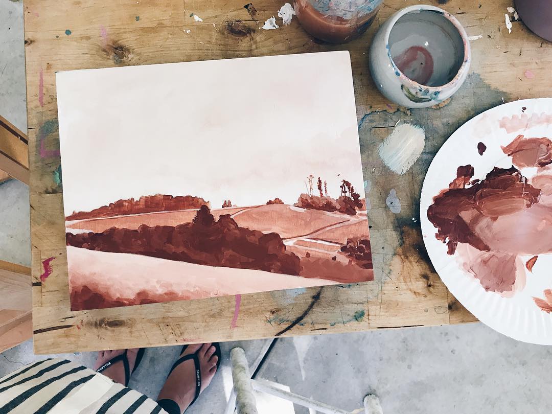 After priming my canvas, I always do an underpainting in burnt sienna to map out my range of values #sonomacoast #oilpainting