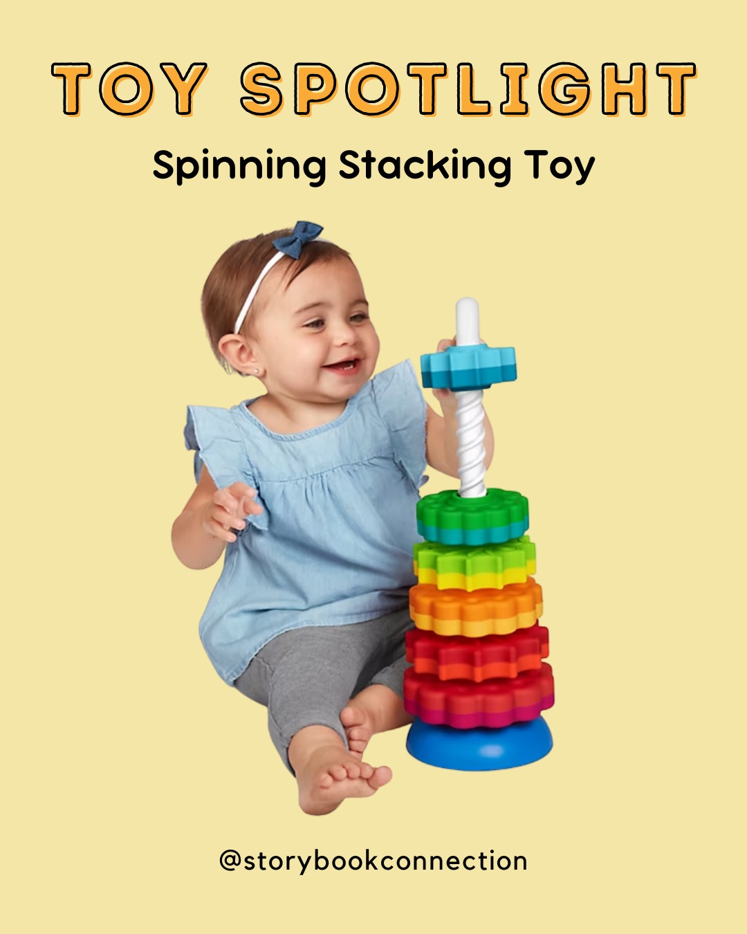 This spinning gear toy is an SLP favorite for so many reasons ๐
The bright colors plus spinning action tend to hold toddlersโ attention longer than many other toys, which means more opportunities for interaction and language. ๐
Bonus: there are no flashing lights or annoying music. ๐
You can use this seemingly simple toy in many different ways:
โ Use the stand and drop gears down one by one
โ Hold the stick (no stand) and let baby slide gears on
โ Flip the stick upside down and right-side up while gears are spinning
โ Hold the stick (without stand), put the gears on and let them crash to the floor
SLPs use this toy to target:
โ๏ธ Turn-taking
โMy turn!โ โYour turn!โ (nonverbal turn-taking comes before conversational turns)
โ๏ธ Verbal routines
โReady, setโฆ GO!โ
โSpin and spin and spin and spin and spin and spinโฆ STOP!โ
Pause before โgoโ or โstopโ and see if your baby fills in a sound or word
โ๏ธ Verbs
open (when opening box), go, stop, spin, push, fall (down), put (on), take (out/off)
โ๏ธ Location words
on, in, off, up, down, out (of box), under (hide gears under box or other object), top
โ๏ธ Exclamations
oh no! whoa! aaah! (as gears fall)
โ๏ธ Power words
more, again, all done (each time gears fall or stop)
โ๏ธ Early opposite concepts
big/small, fast/slow
You can usually find this online in the $15โ20 range, and it makes for a great 1st or 2nd birthday gift.
Save this one for your toddler toy list ๐