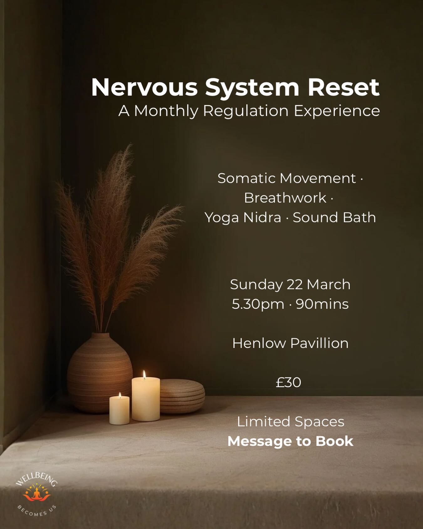 Welcome to our latest offering for Henlow!
The Nervous System Reset is a monthly space to slow down, regulate, and give your body the conditions it needs to bring its nervous system down a notch.
In a world that constantly pulls us into doing, stimulation and stress, this 90-minute session is designed to support a return to steadiness. Alongside the 90min session expect practical take aways for everyday life.
Each session includes:
• Gentle somatic movement inspired by QiGong
• Breathwork to settle the nervous system
• Deep Yoga Nidra for restorative rest (similar to a guided relaxation)
• Tibetan sound bowls to support integration
Held as a small group so the space feels calm, intentional and unhurried.
🕠 Sunday 22 March · 5.30pm
📍 Henlow Pavilion
⏳ 90 minutes
💷 £30(Existing clients £26)
Limited to 10 spaces.
Message to book or ask any questions 💜
#henlowvillage #nervoussystemhealing #breathwork #wellbeing #henlow