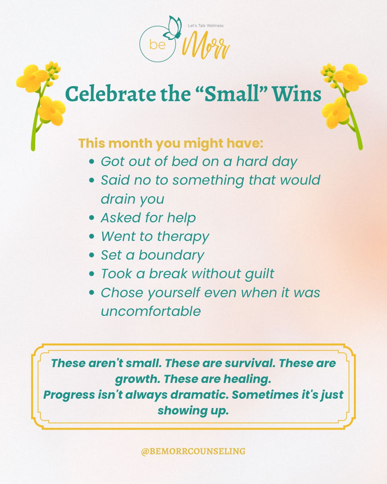 Before February ends, give yourself credit for the âsmallâ things đ
Getting through hard days isnât small. Setting boundaries isnât small. Choosing yourself isnât small.
Whatâs one thing you did this month that took courage (even if it felt small)? đđž
Letâs celebrate it together.
#SmallWins #BeMorrCounseling #CelebrateYourself #HealingJourney