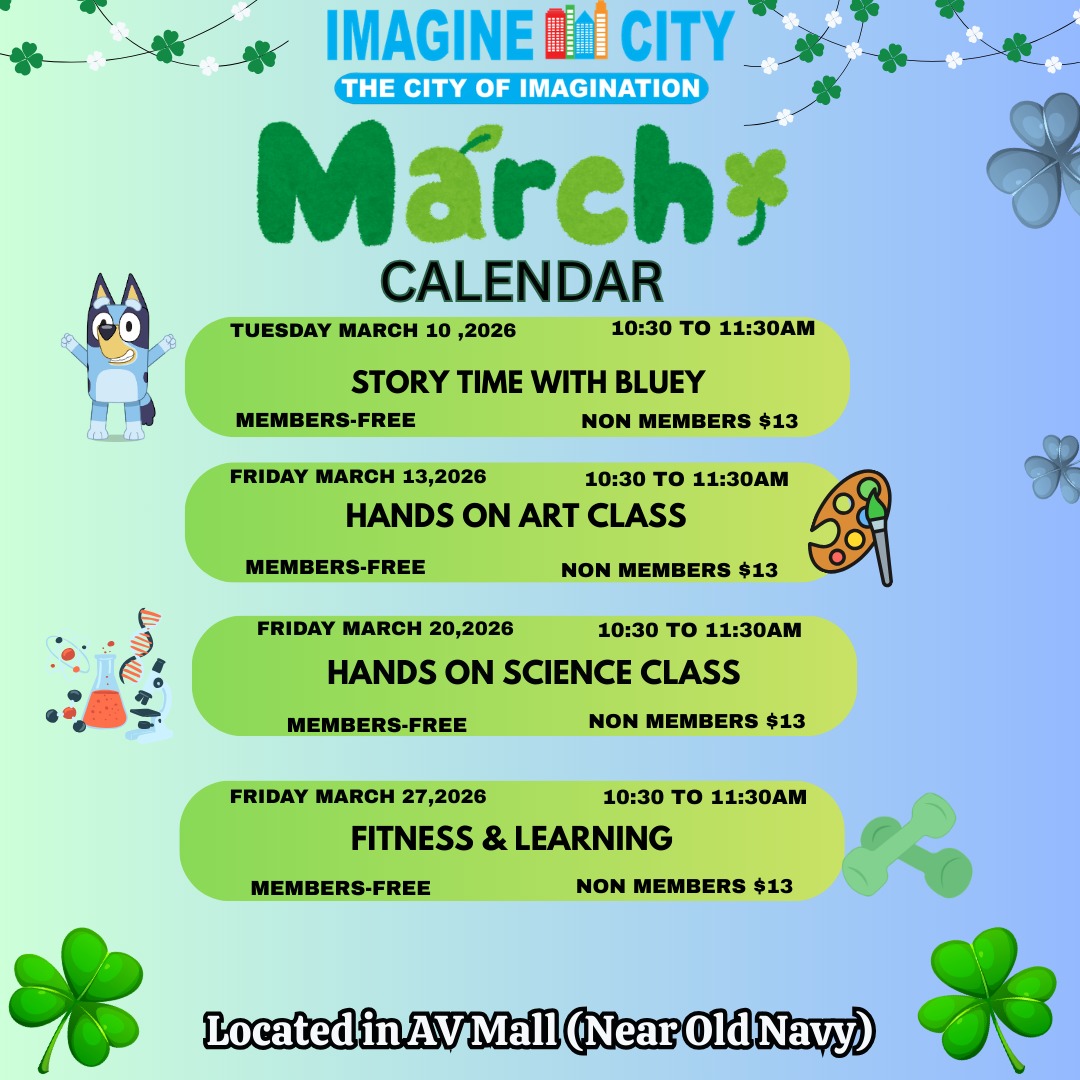 MARCH is going to be so much fun with all these special events. We even brought back a really fun favorite, BLUEY. Our events fill up fast so hurry and register now on our website @ www.imaginecity.com